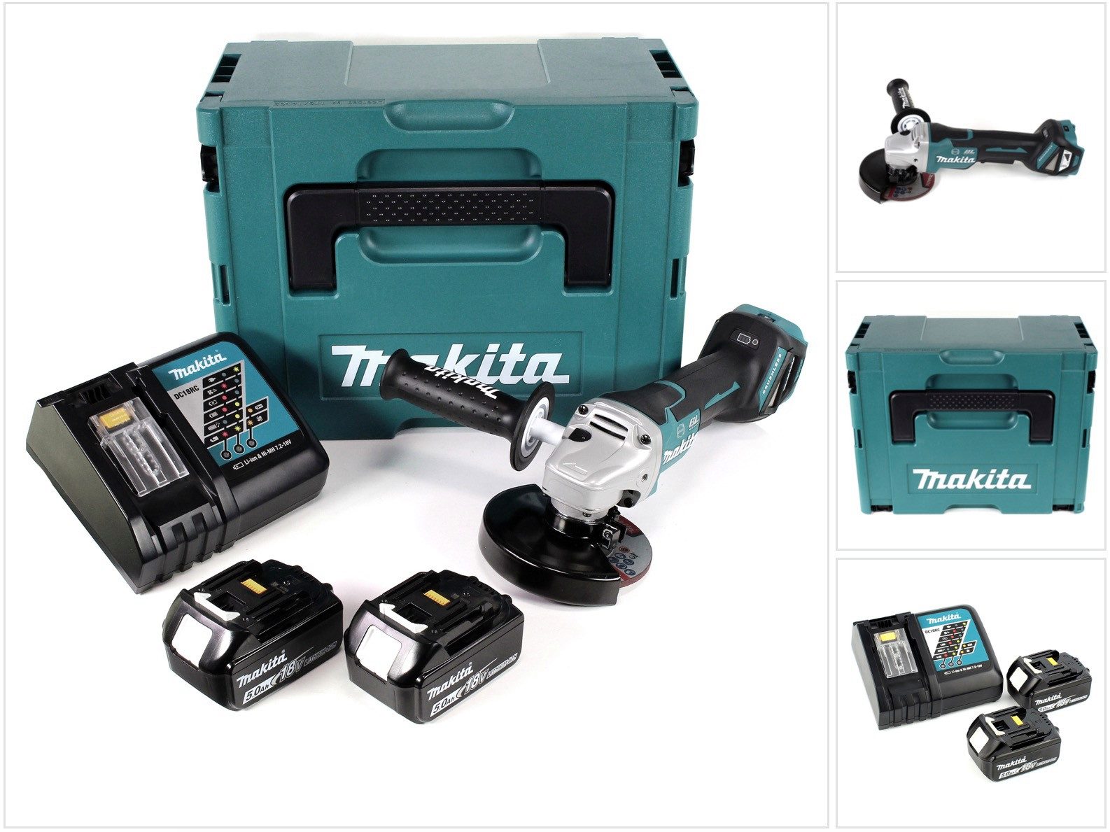 Makita Akku-Winkelschleifer DGA 517 RTJ 18 V 125 mm Brushless + 2x Akku 5,0 Ah + Ladegerät