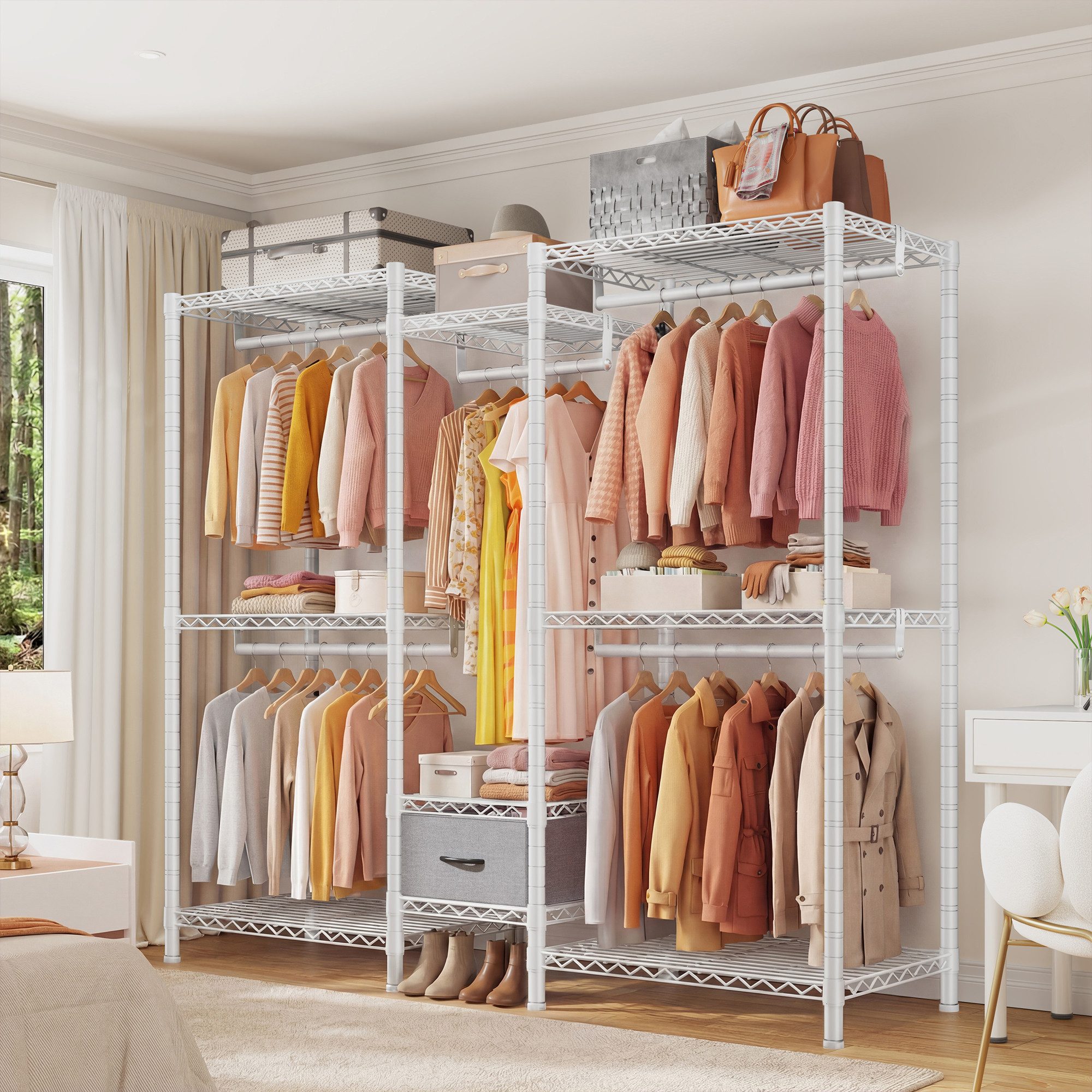 Klyvvo Kleiderständer Offener Kleiderschrank, Garderobenständer aus Metall, (1 St), mit 8 Höhenverstellbaren Regalböden, 5 Kleiderstangen & 1 Schublade