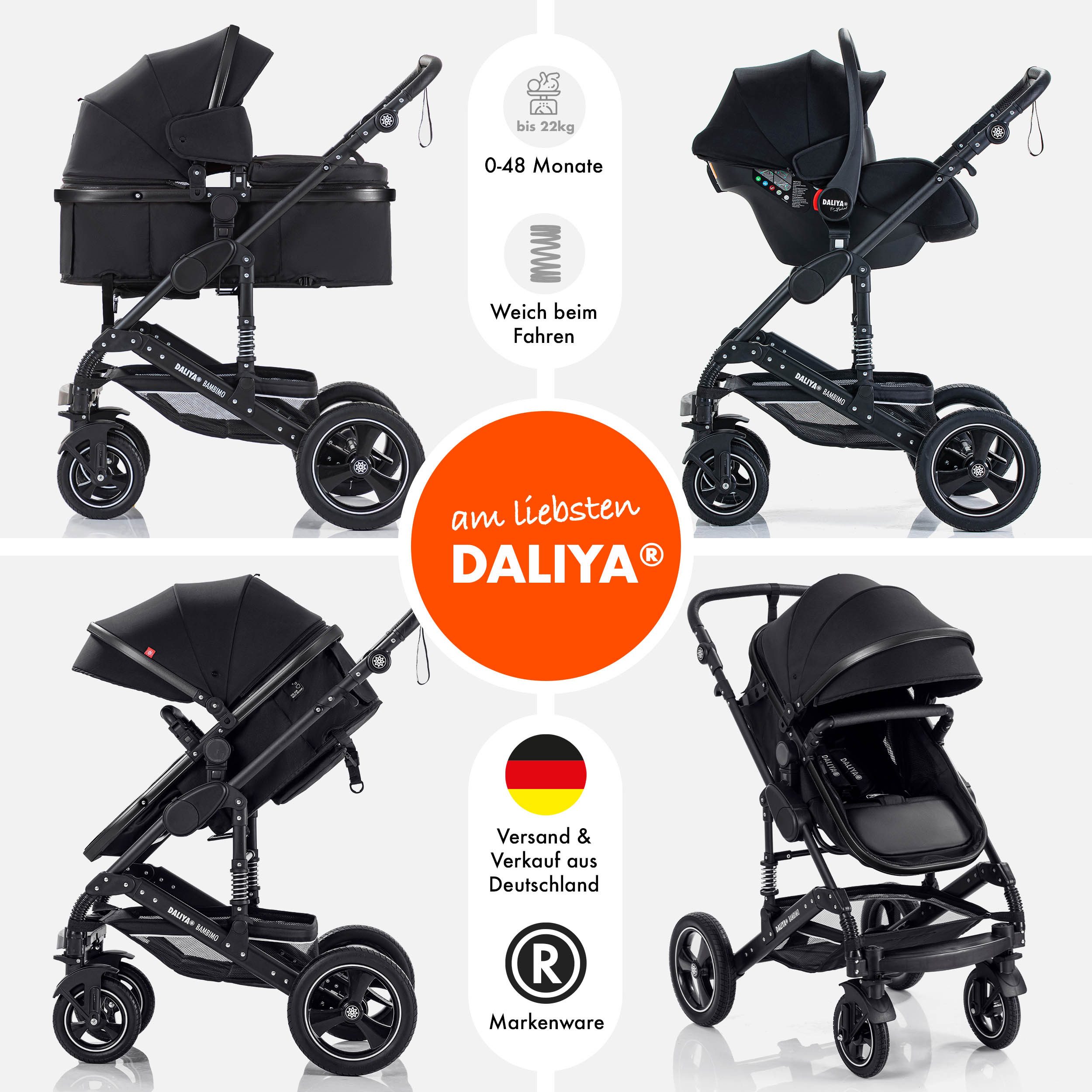 Daliya® Kombi-Kinderwagen BAMBIMO 3in1 Kinderwagen & Buggy mit Auto-Babyschale und Adapter, (XXL-Set inkl. Wickeltasche und Spieltisch, 15-tlg), Babyschale, Airless-Räder, Federung, weiche Matratze, Belüftungssystem
