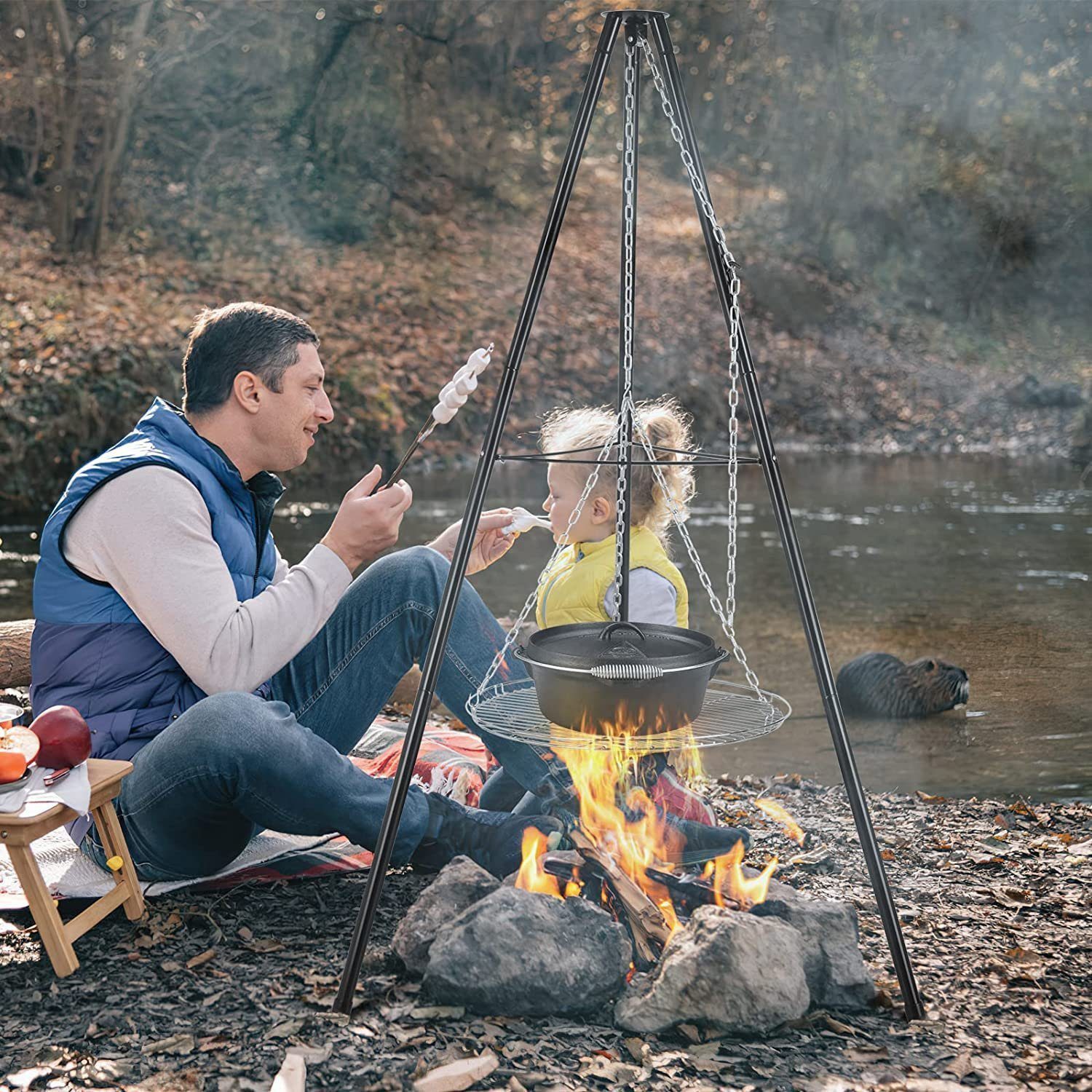 TLGREEN Fire Bowl with Height-Adjustable Chain (200 cm), (Fire Bowls for Garden, Camping, Yard), Swivel Grill with Fire Pit, Charcoal Grill, Grilling and Heating