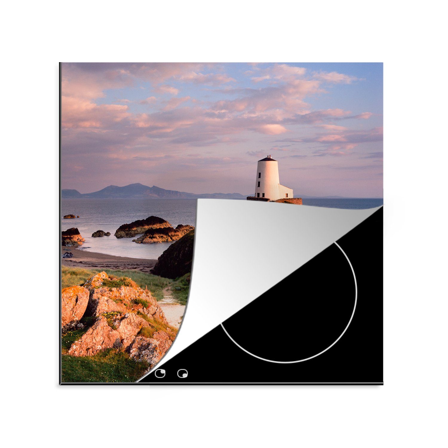 78x78 Arbeitsplatte Leuchtturm cm, einer (1 Vinyl, der Herdblende-/Abdeckplatte auf Klippe, Wales, Llanddwyn MuchoWow Llanddwyn für küche auf tlg), Ceranfeldabdeckung, Insel