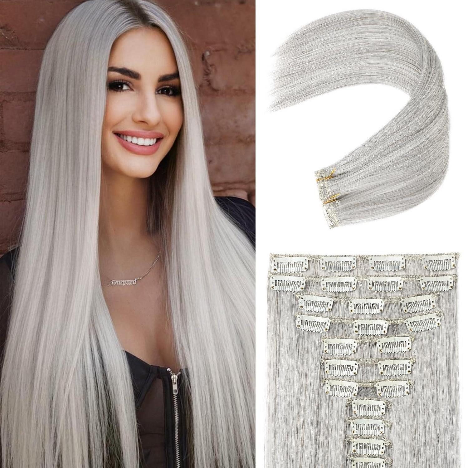 LuxusKollektion Kunsthaar-Extension Haarverlängerungen Clip in 11PCS 61cm 24 Inch (Pack of 11) Silbergrau