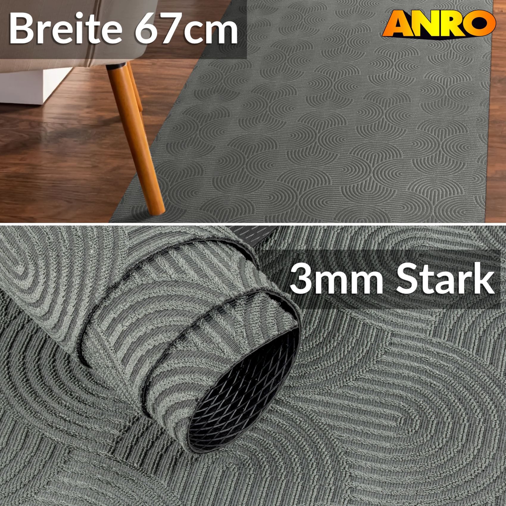 ANRO Läufer Velora Teppichläufer hochwertig Küchenteppich, Rechteckig, Höhe: 3 mm, Küchen- & Flurläufer 100cm Bauhaus Anthrazit pflegeleicht