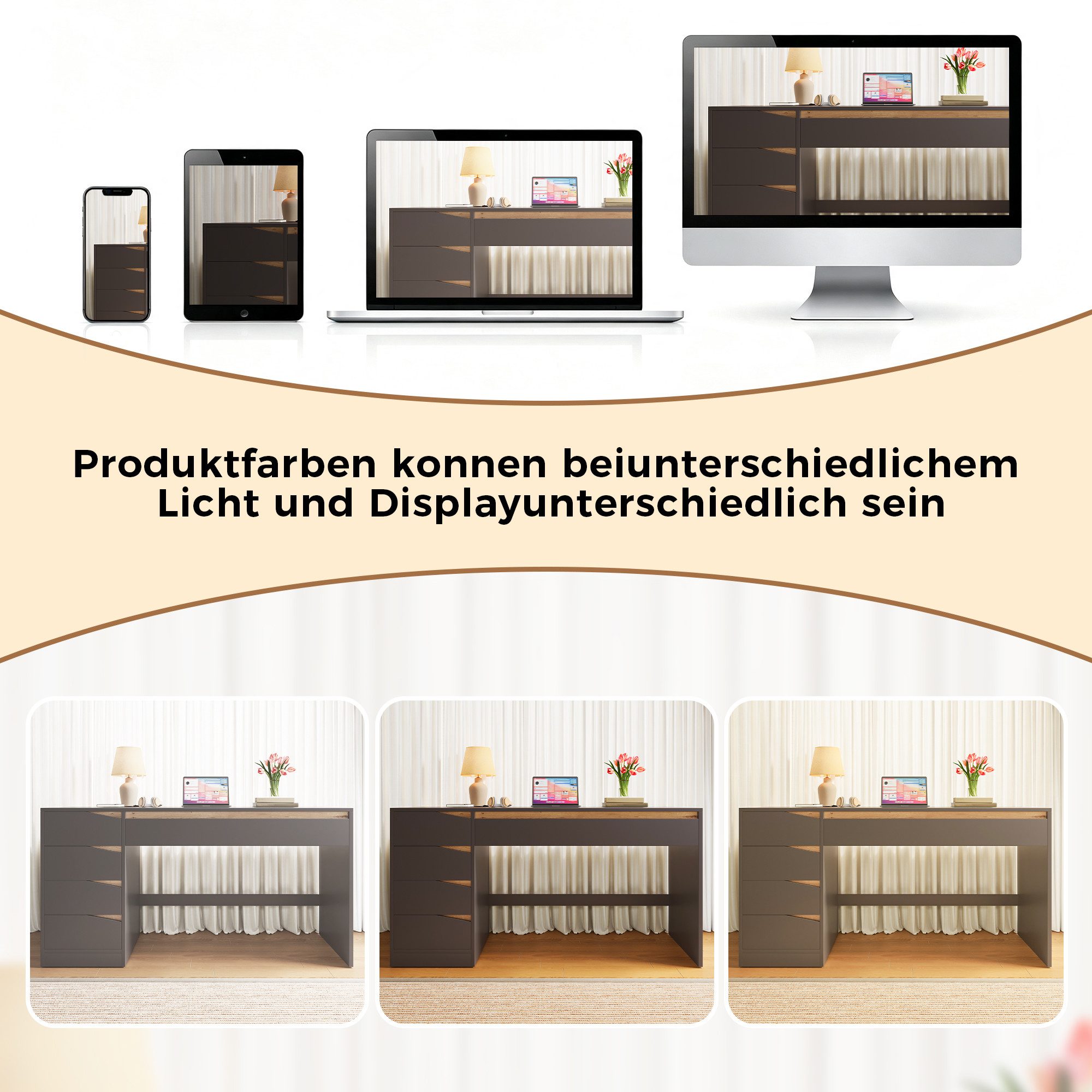 Flieks Schreibtisch Computertisch Arbeitstisch Bürotisch (140x50x78 cm, 1-St., 1 Tisch), rechteckiger Multifunktionstisch mit 5 Schubladen Dunkelgrau – Bild 5 von 5