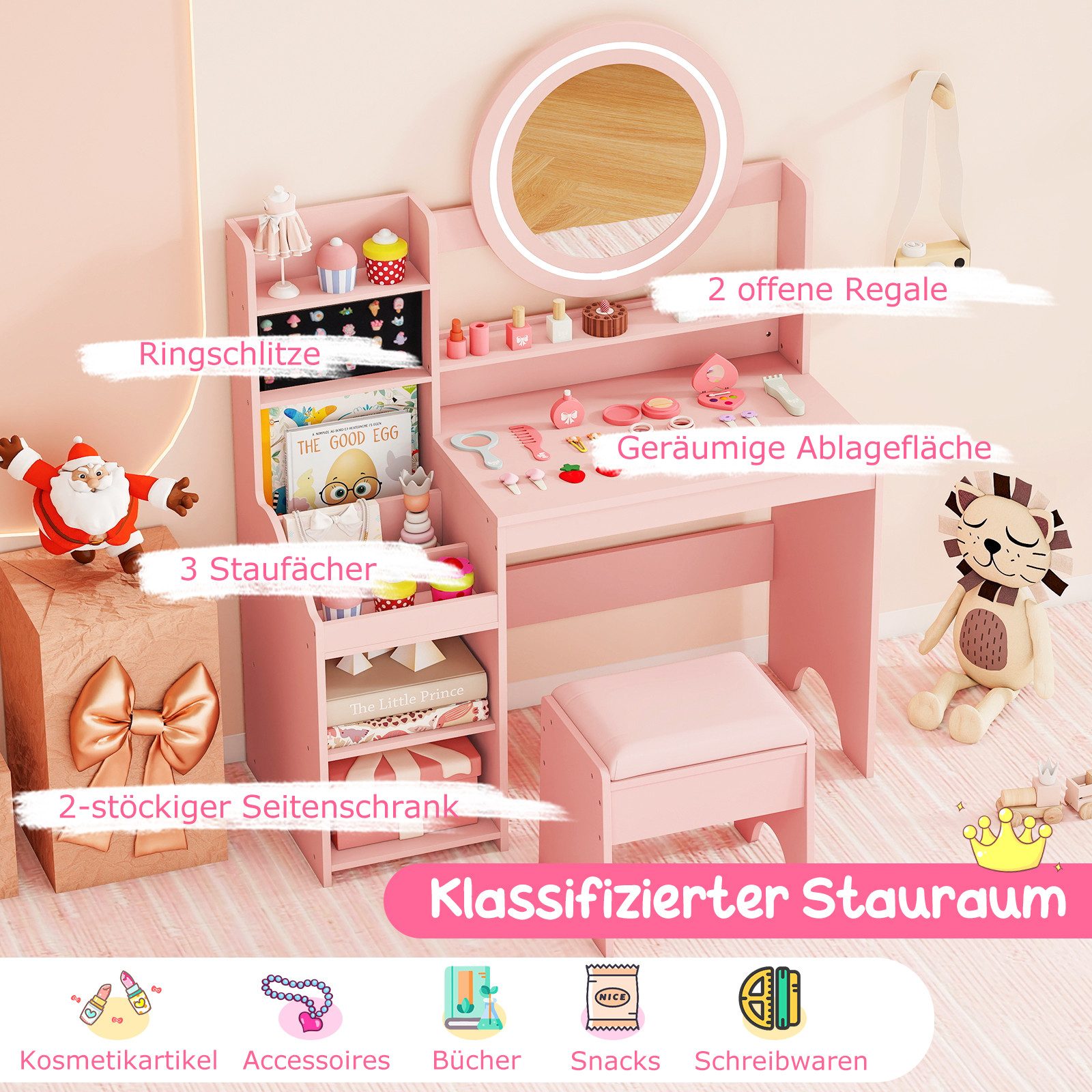 COSTWAY Schminktisch (2-St), mit gepolstertem Hocker, Spiegel & Leuchtung