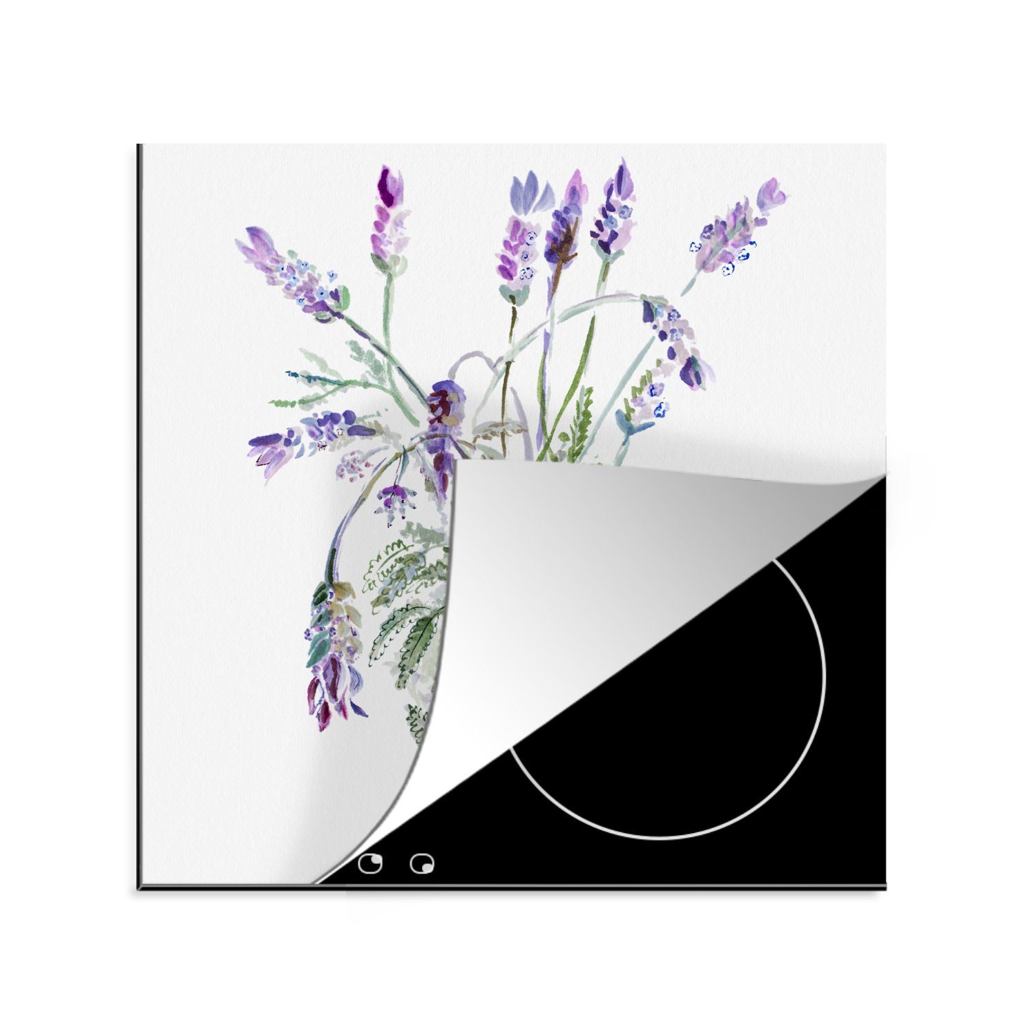 MuchoWow Herdblende-/Abdeckplatte Aquarell - Blumen - Lavendel, Vinyl, (1 tlg), 78x78 cm, Ceranfeldabdeckung, Arbeitsplatte für küche