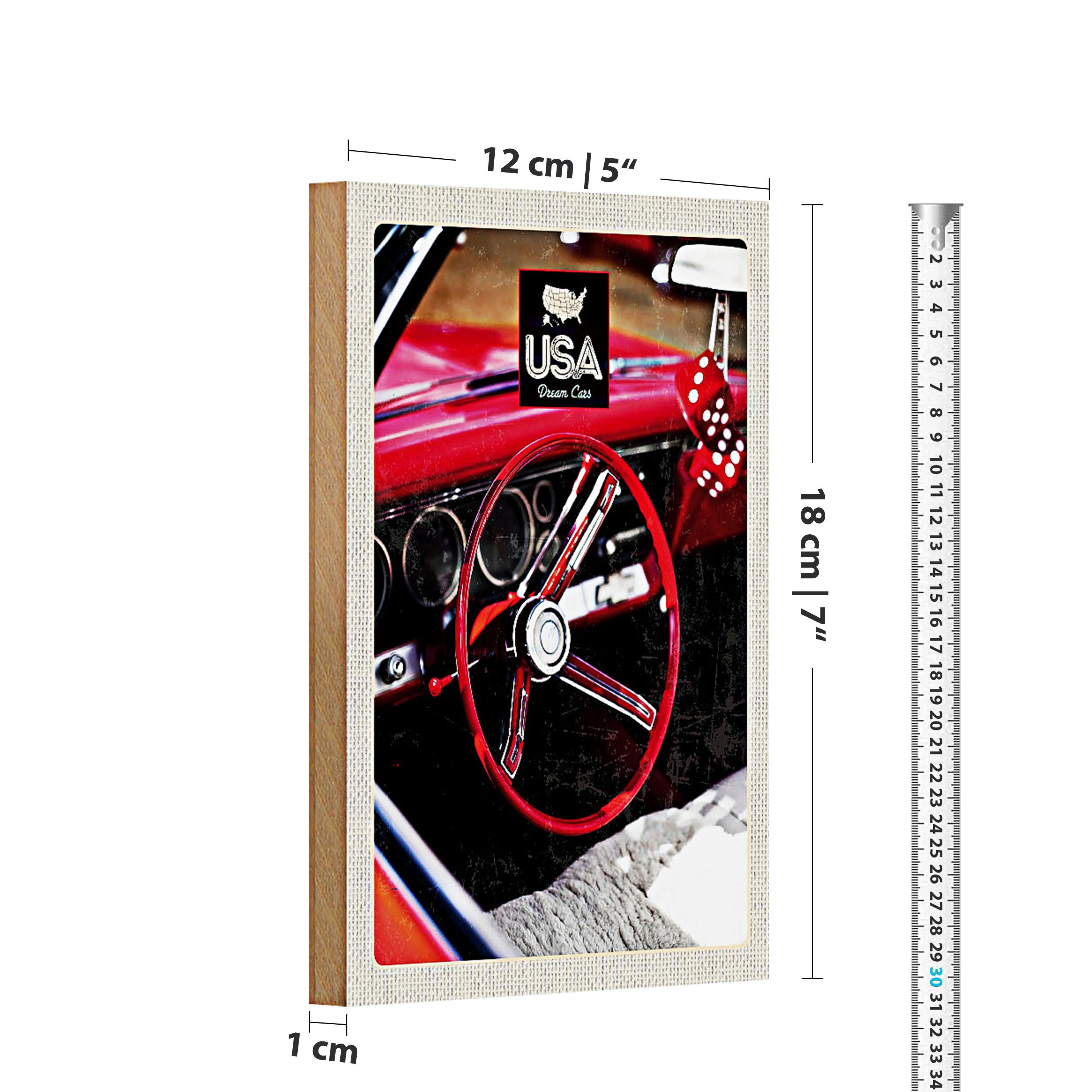 Roomando Holzbild Reise 12x18cm Amerika Oldtimer USA Rot Würfel