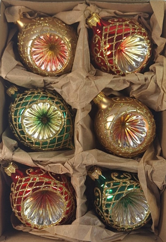 Nostalgie Christbaumschmuck Thüringen Christbaumschmuck Reflexkugeln rot, gold, grün, mit Dekor, 3 wunderschöne Varianten, mundgeblasen, handdekoriert