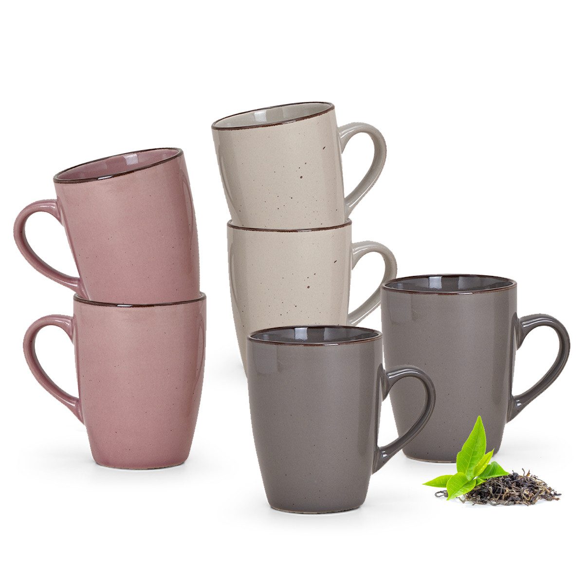matches21 HOME & HOBBY Tasse Kaffeetassen 6er Set einfarbig modern Vintage Steingut-Stil, 6-tlg., Keramik, Tee Kaffee-Becher, alt-rosa beige cremefarben grau, 300 ml