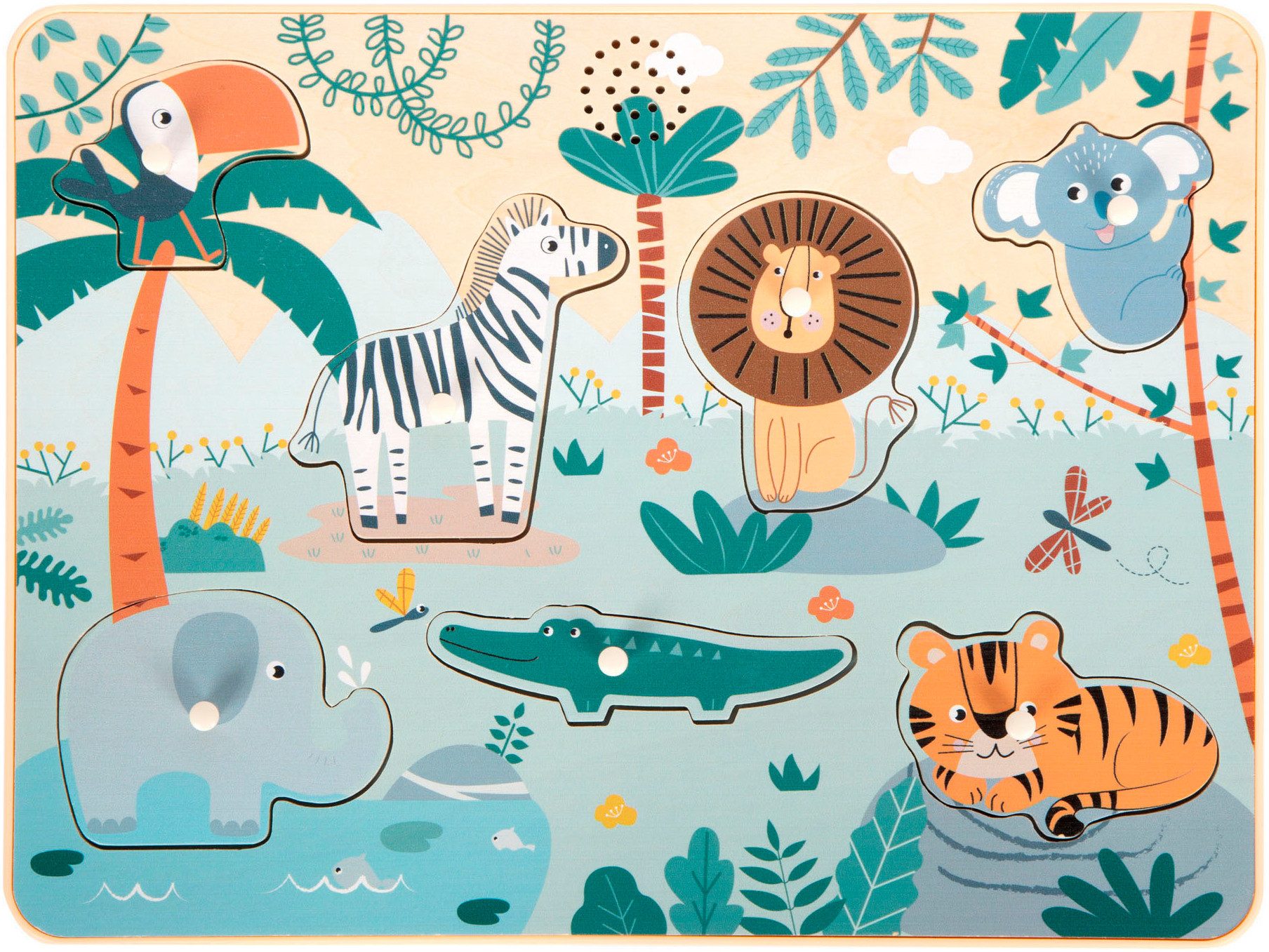 Small Foot Steckspielzeug Steckpuzzle Safari Tierlaute, mit Geräuschfunktion