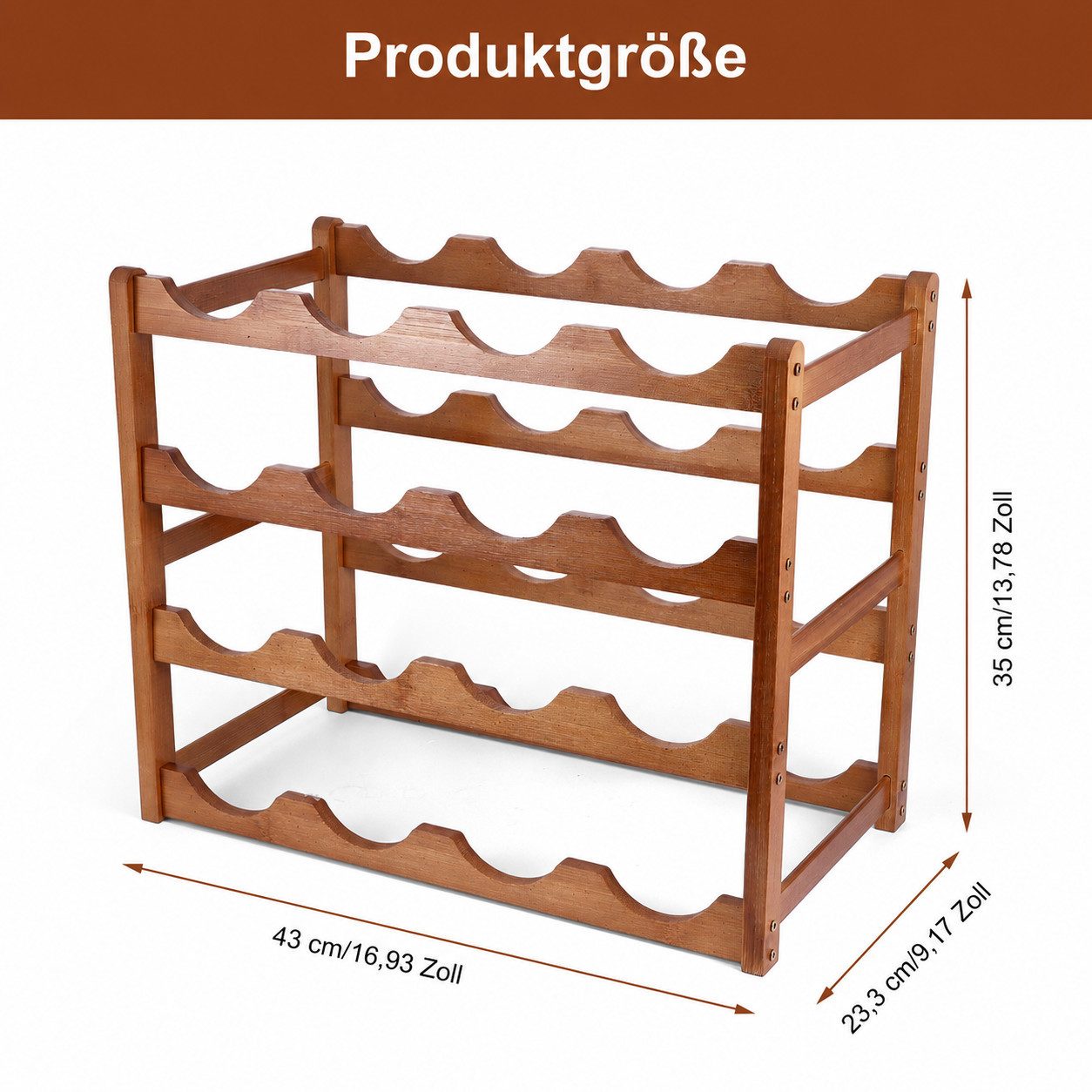 BlingBin Weinregal Holz 16 Flaschen, Flaschenregal 4 Ebenen, stapelbarer Weinständer, 1er Set 1-tlg., Holz Flaschenständer für Küche, Keller und Wohnzimmer, Braun