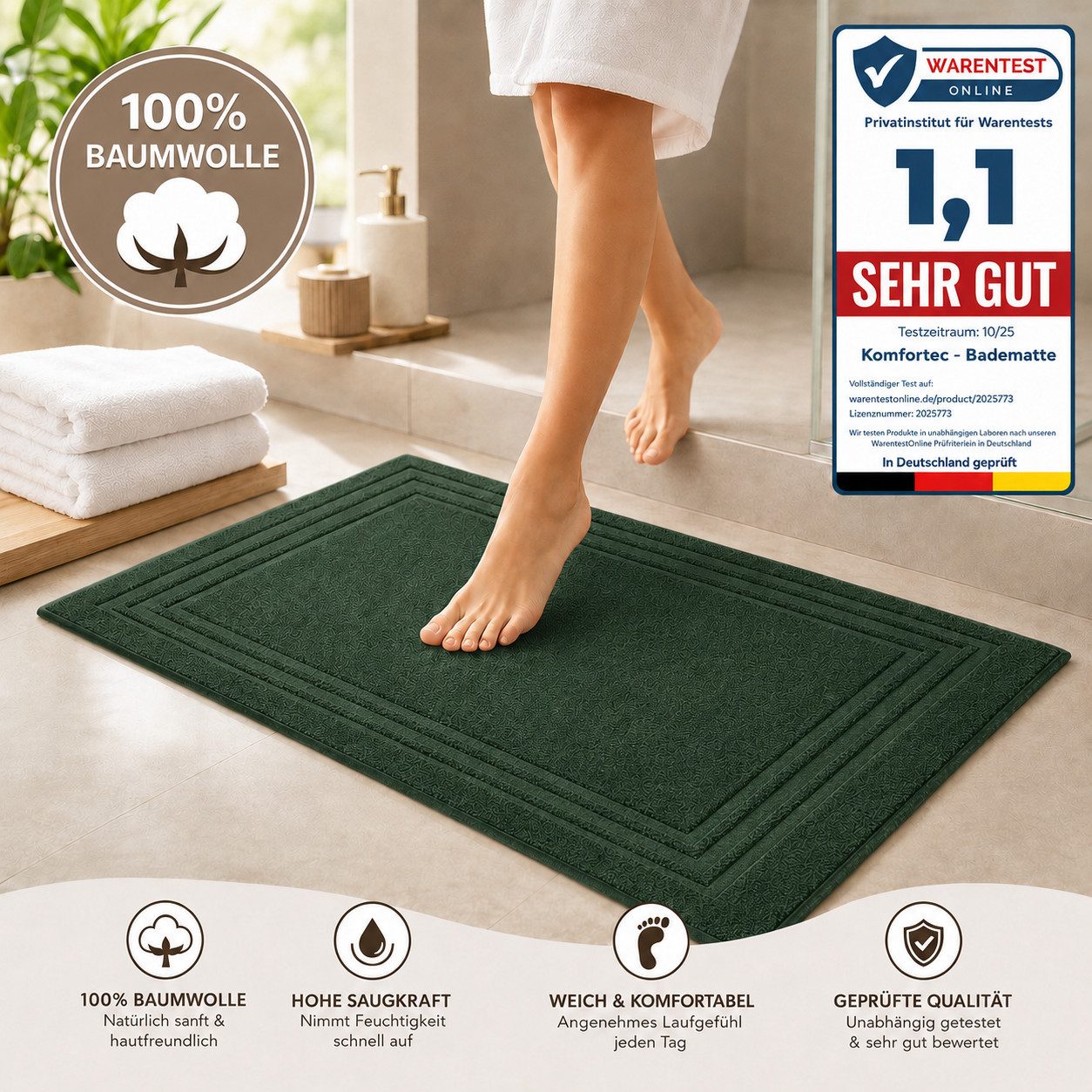 Komfortec Badematte 2er Badetuch Set aus 100% Baumwolle 50x70 cm Extra Weich & Saugstark, Rechteckig, 600 g/m² – Bild 4 von 5
