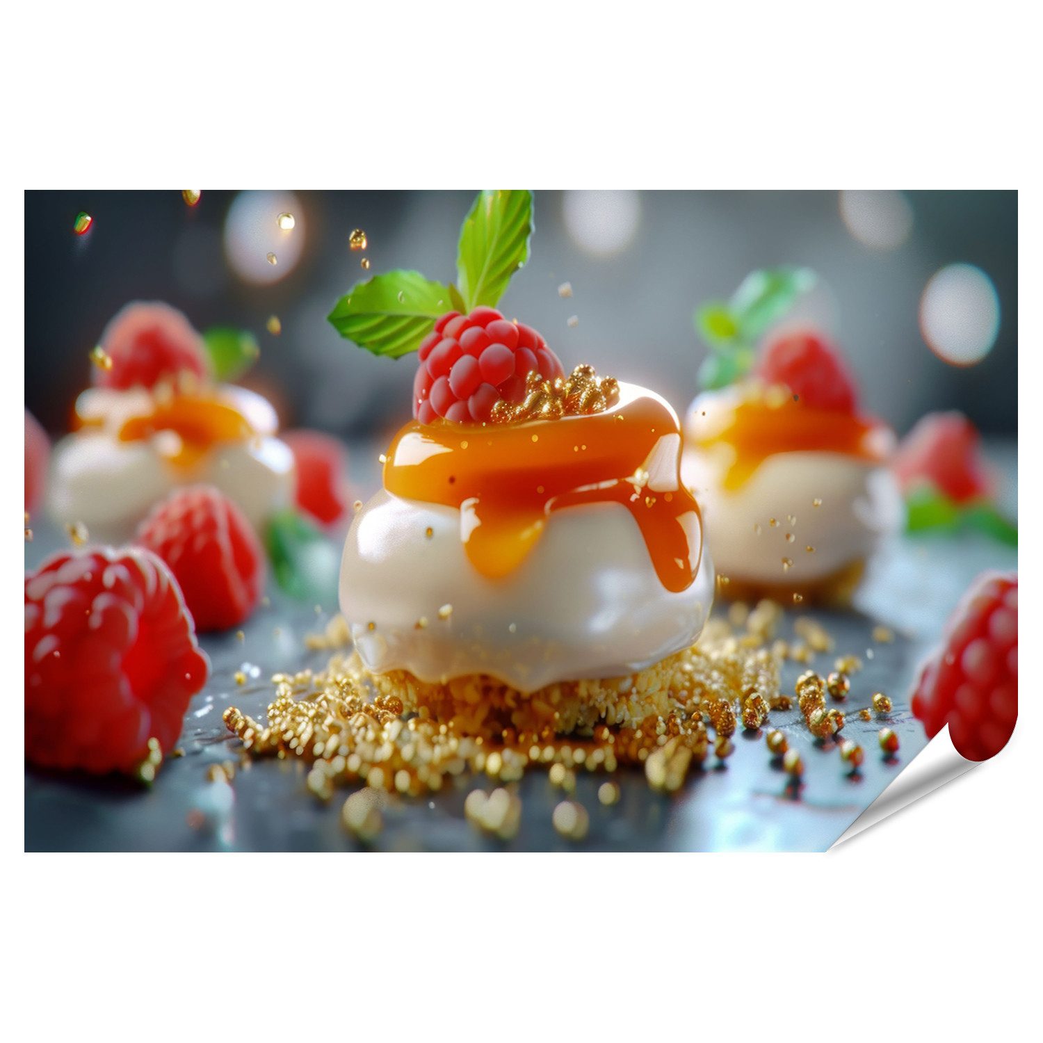 islandburner Poster, Vanillepudding mit Himbeeren und Karamellsauce, Print