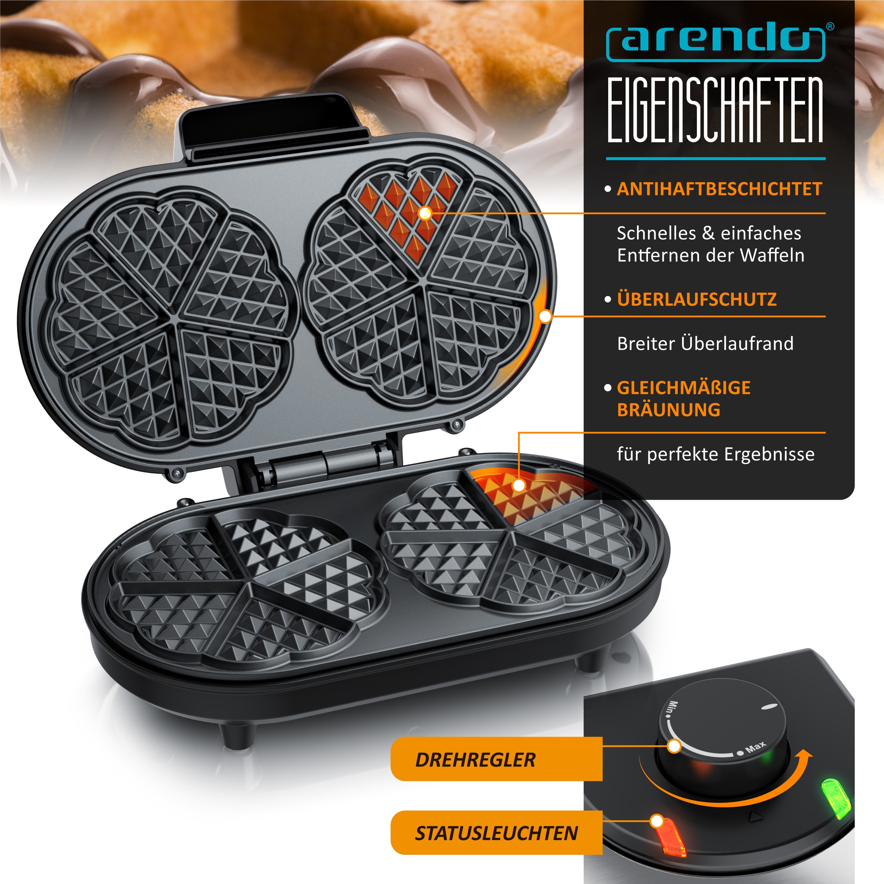 Arendo Waffeleisen Doppel Waffelautomat für 2 Herzwaffeln, Antihaftbeschichtung, Regler, 1000 W, Duo Waffel Maker, Temperaturregler, Doppelwaffeleisen, Waffelbackgerät