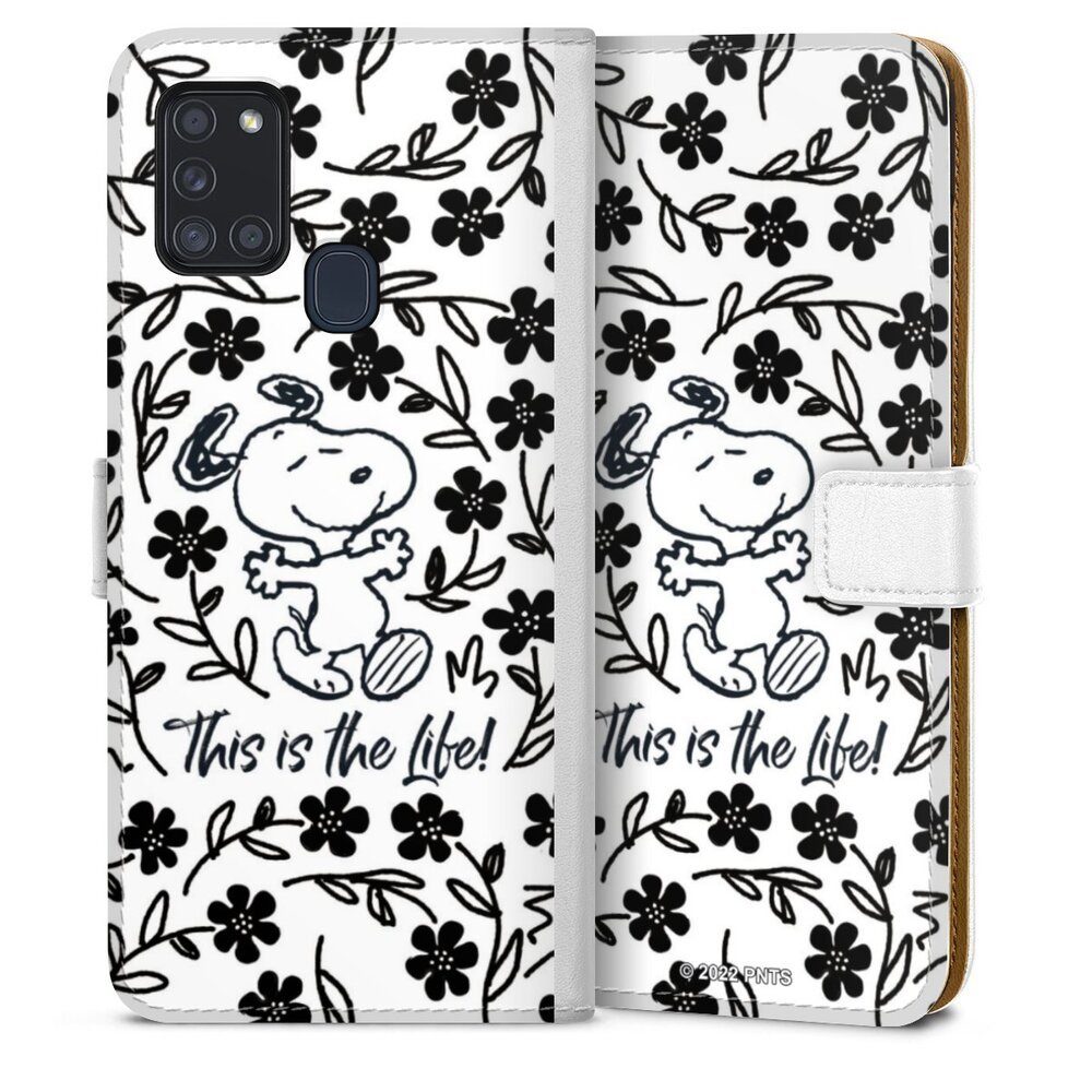 DeinDesign Handyhülle Peanuts Blumen Snoopy Snoopy Black and White This Is The Life, Samsung Galaxy A21s Hülle Handy Flip Case Wallet Cover