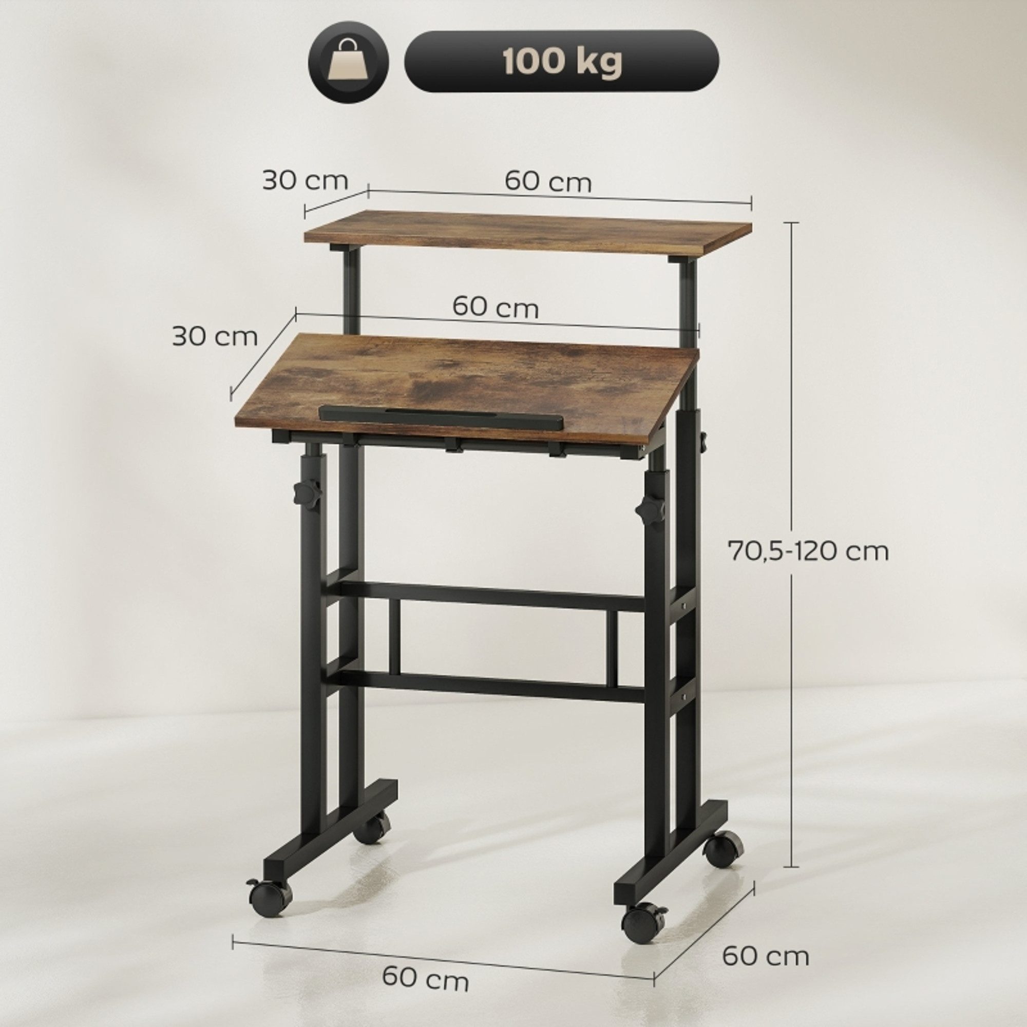 MC Star Schreibtisch chreibtisch Höhenverstellbar Küchentisch mit Regal, Rollen (Computertisch Rustikal Braun 60 x 60 x 70,5-120 cm)