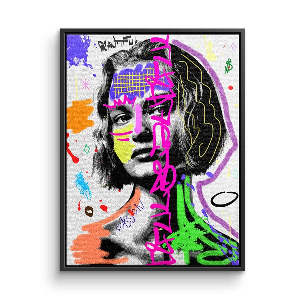 DOTCOMCANVAS® Leinwandbild, Leinwandbild Pop Art Graffiti Lady Power weiß mit premium Rahmen schwarzer Rahmen