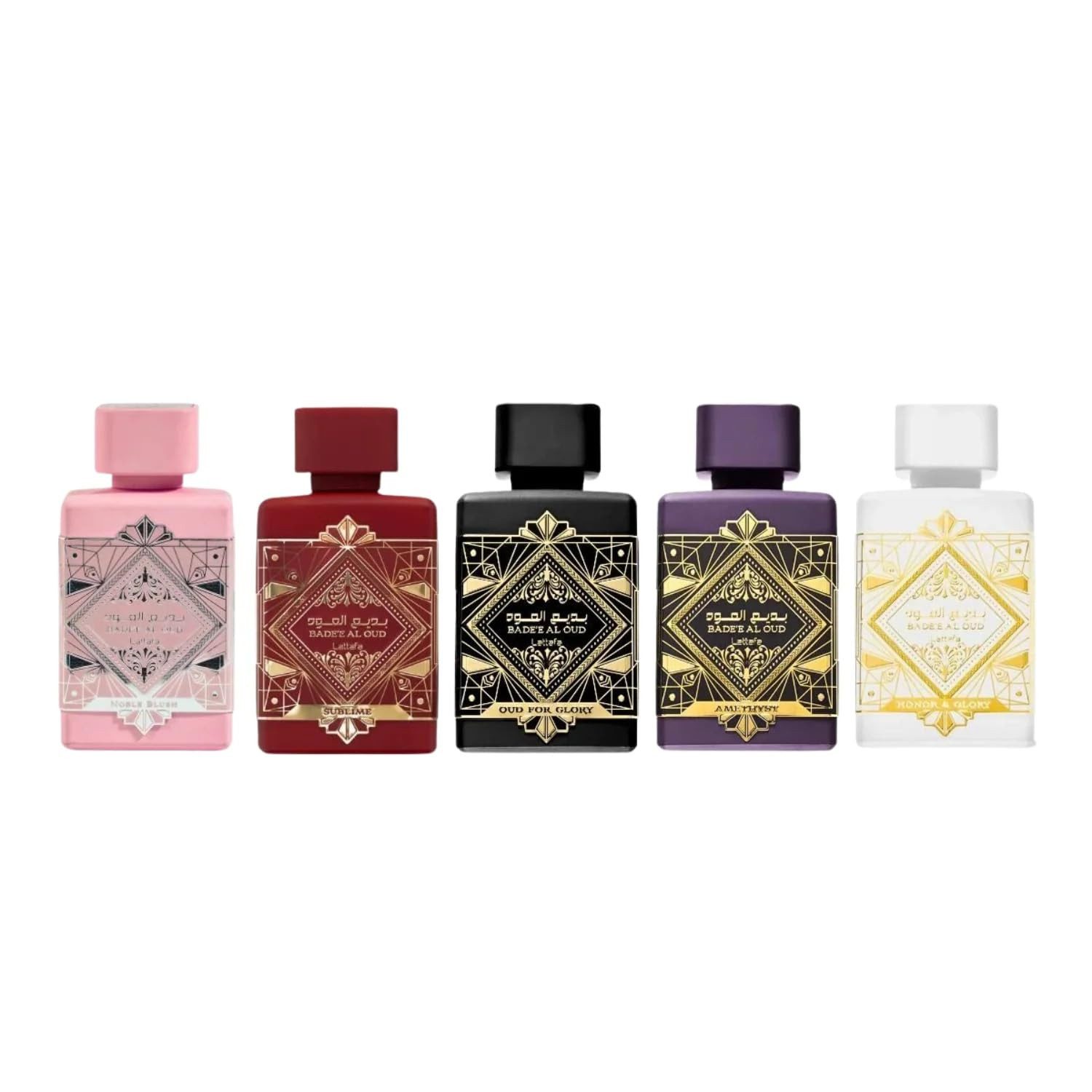 Lattafa Duft-Set Badee Al Oud, 5-tlg., Honor & Glory; Sublime; Amethyst; Oud for Glory; Noble Blush;