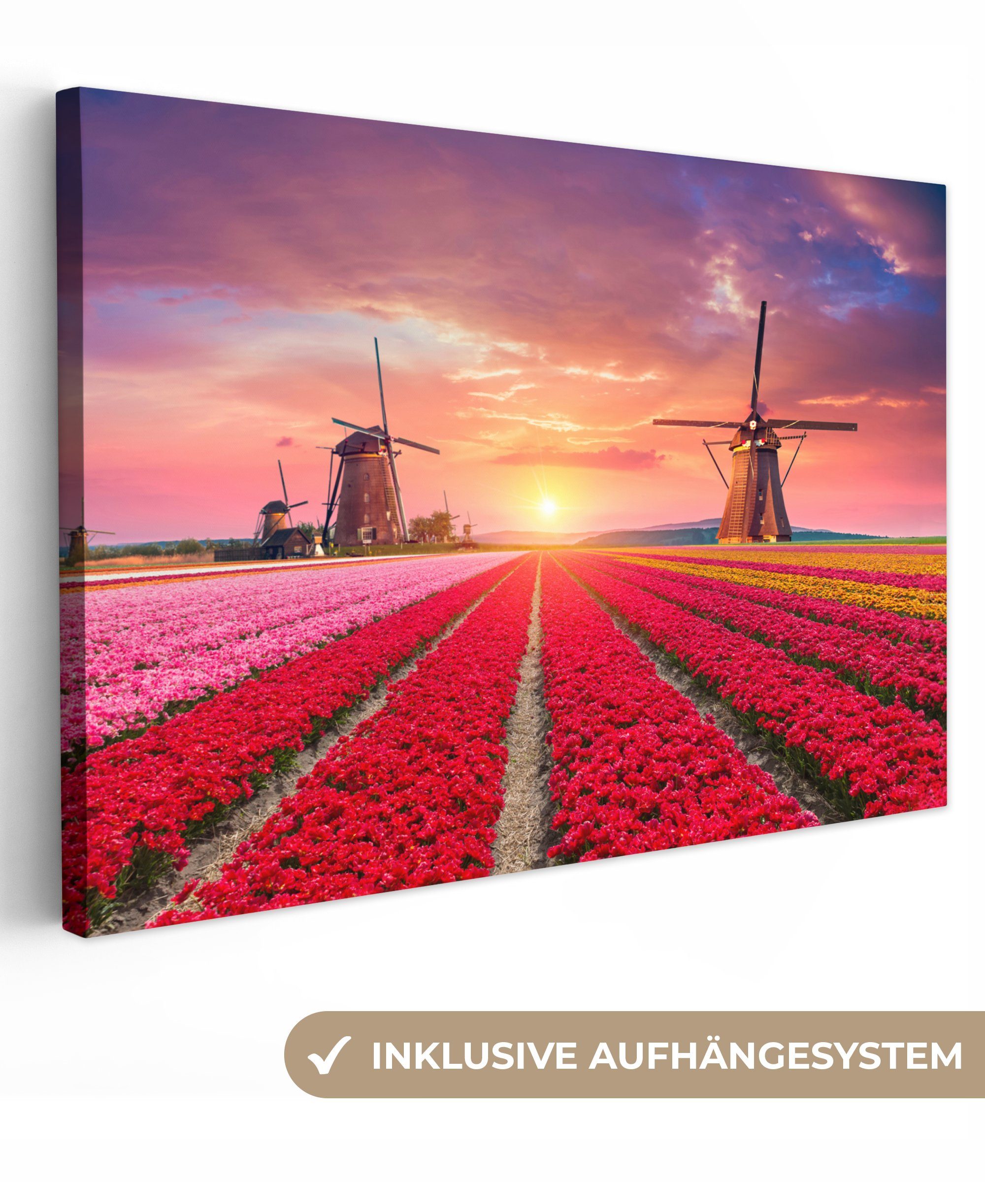 OneMillionCanvasses® Leinwandbild Mühle - Blumen - Sonnenuntergang - Niederländisch, (1 St), Wandbild Leinwandbilder, Aufhängefertig, Wanddeko, 30x20 cm
