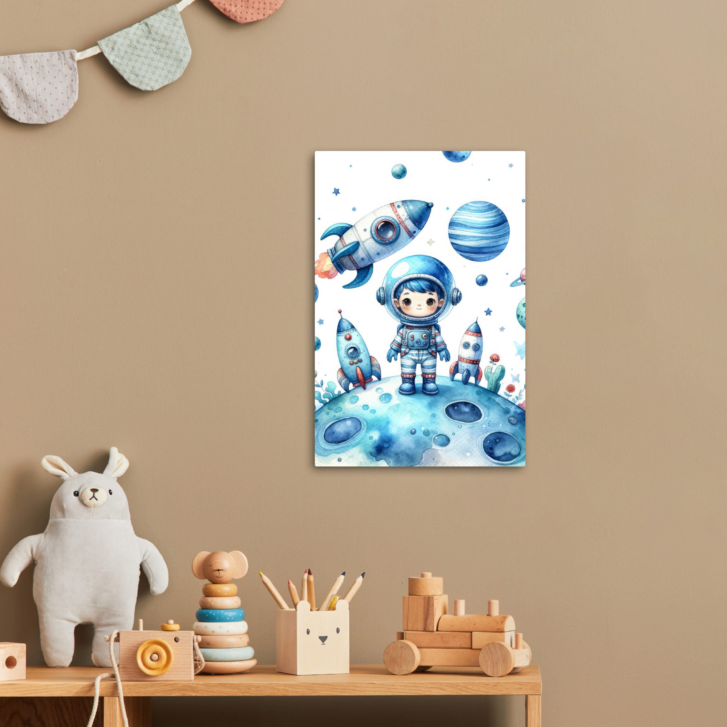 OneMillionCanvasses® Leinwandbild Weltraum - Blau - Astronaut - Rakete - Planeten, Fotodruck (1 St), Kinderzimmer Deko, Mädchen und Jungen Bilder 20x30 cm