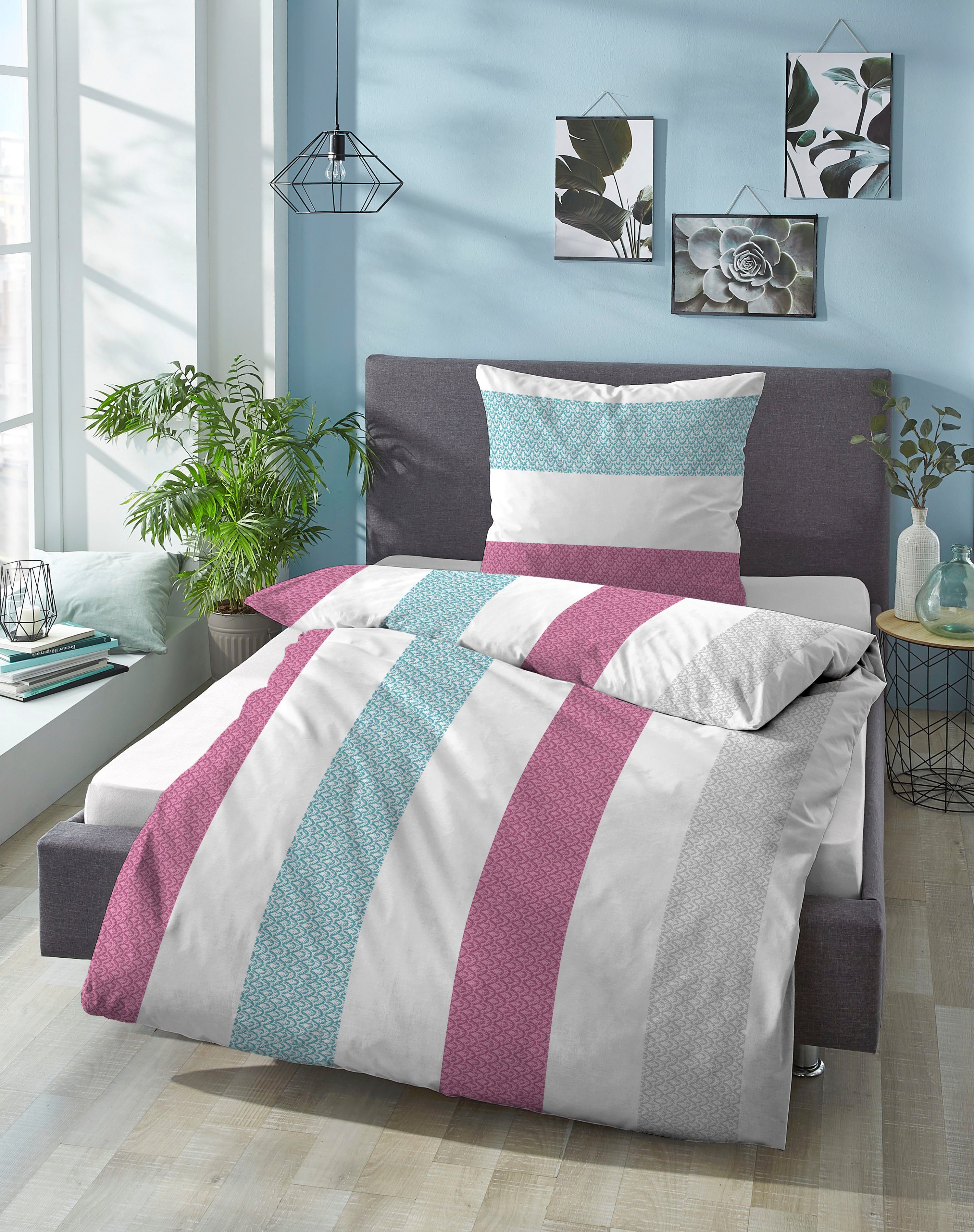 Castell - Markenbettwäsche Bettwäsche Sanna, Seersucker, 2 teilig, absolut bügelfreie Microfaser-Seersucker Qualtität, mit Reißverschluss