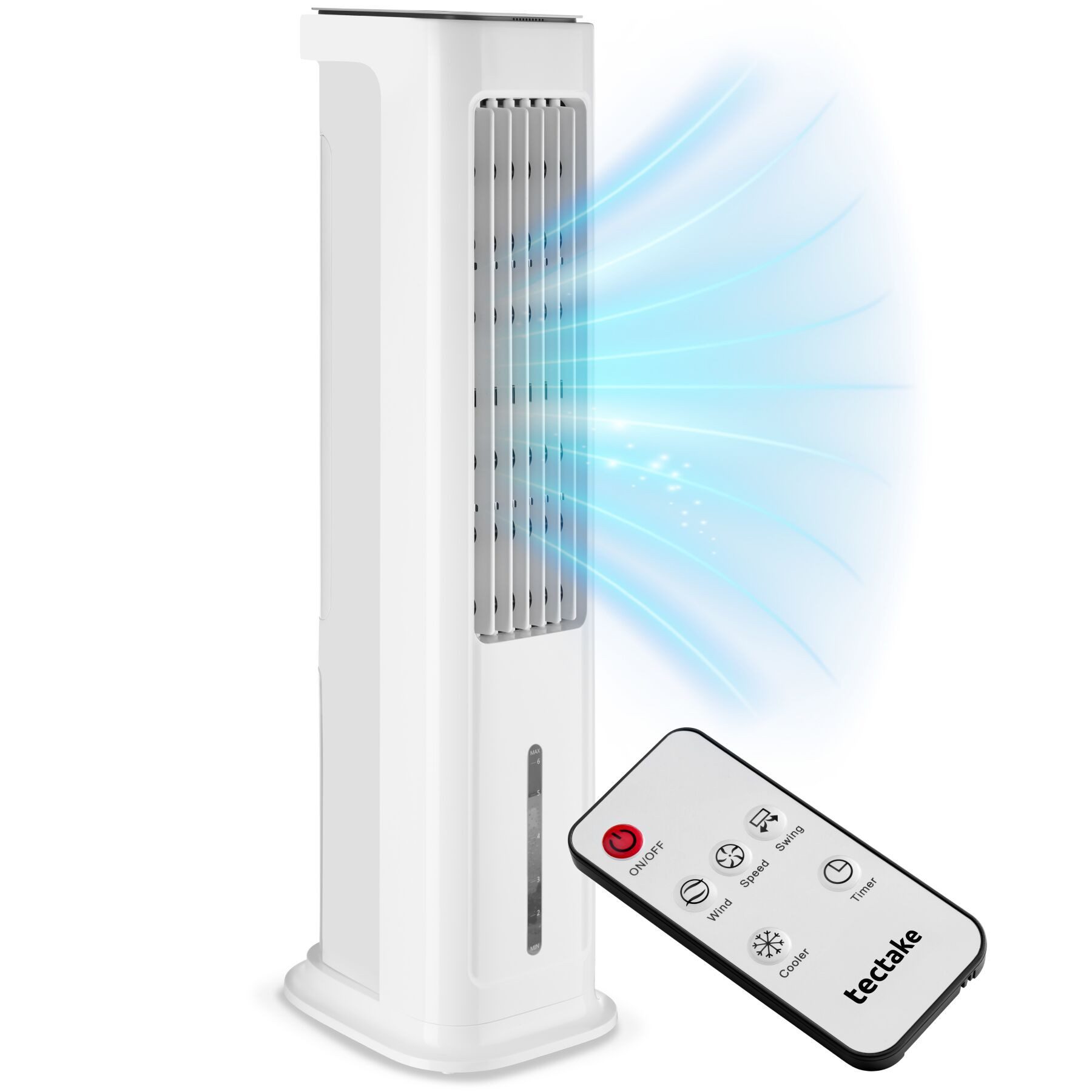tectake Ventilatorkombigerät Luftkühler Alaska in weiß, leise, 3 Modi, Inkl. Fernbedienung, 4in1, 5 l Wassertank, 12-Stunden-Timer, Touch-Display, energiesparend