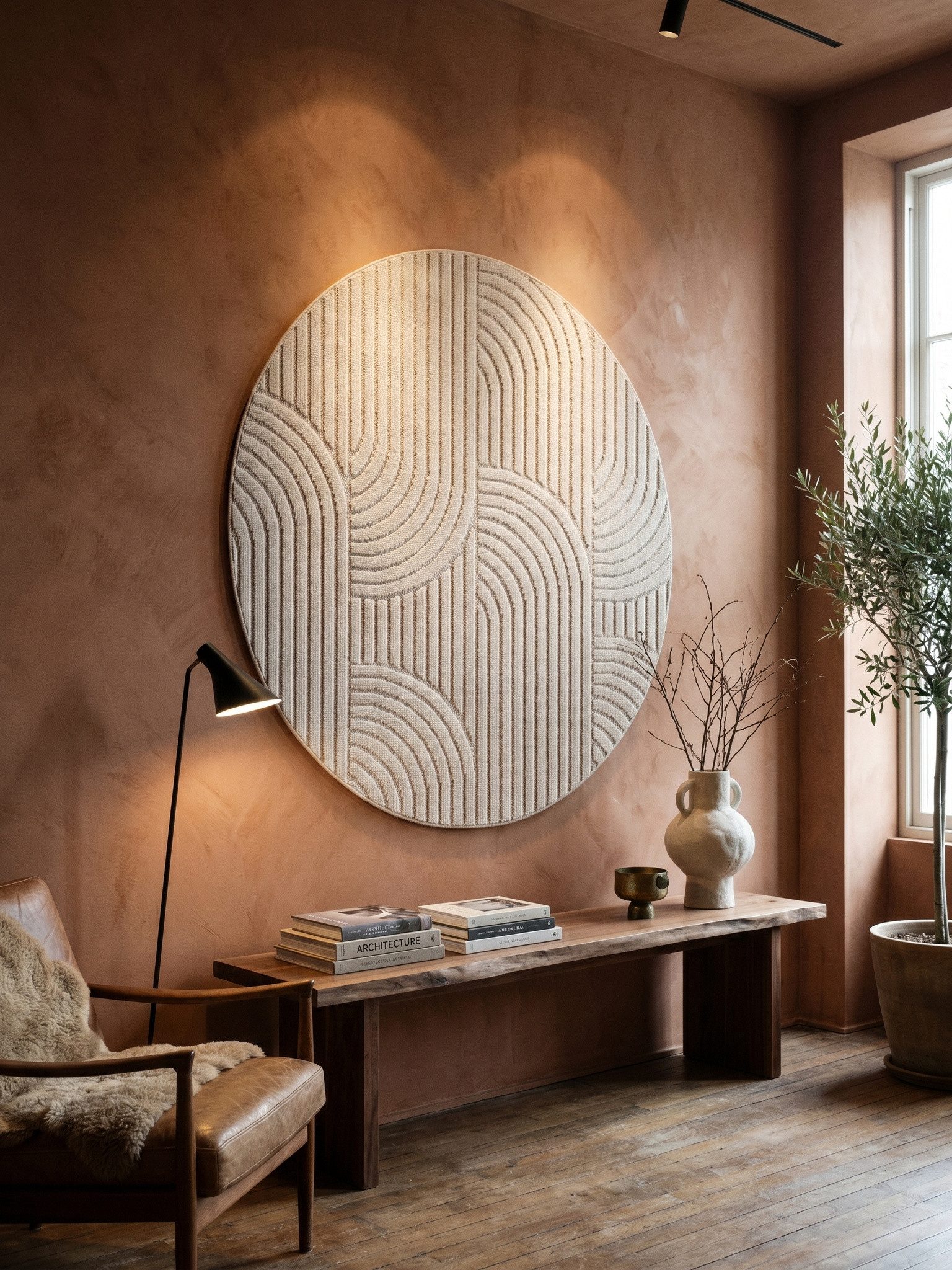 KADIMA DESIGN Teppich LANGAU Flachgewebe Hoch-Tief 3D Bögen Waschbar Wohnzimmer, Rund, Höhe: 7 mm, Creme, 80x80 cm, Saugroboter OEKO-TEX Fußbodenheizung Strapaz – Bild 4 von 5