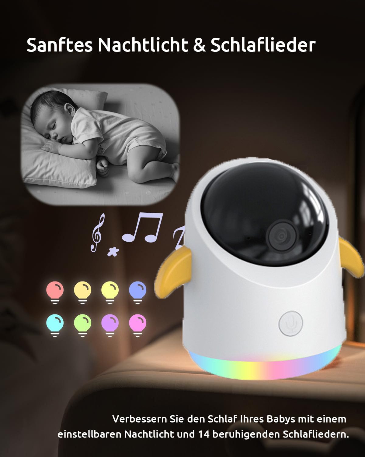 Boifun Video-Babyphone Babyphone mit Kamera 2K/3MP, 5 Zoll WiFi Video Babyphone PTZ 355°, IR Nachtsicht, Nachtlicht, Schlaflieder,Temperaturanzeige, 1-tlg., unterstützt Mobile App Steuerung,4×Zoom, Weinen/Bewegungs/Geräuscherkennung, Temperaturerkennun