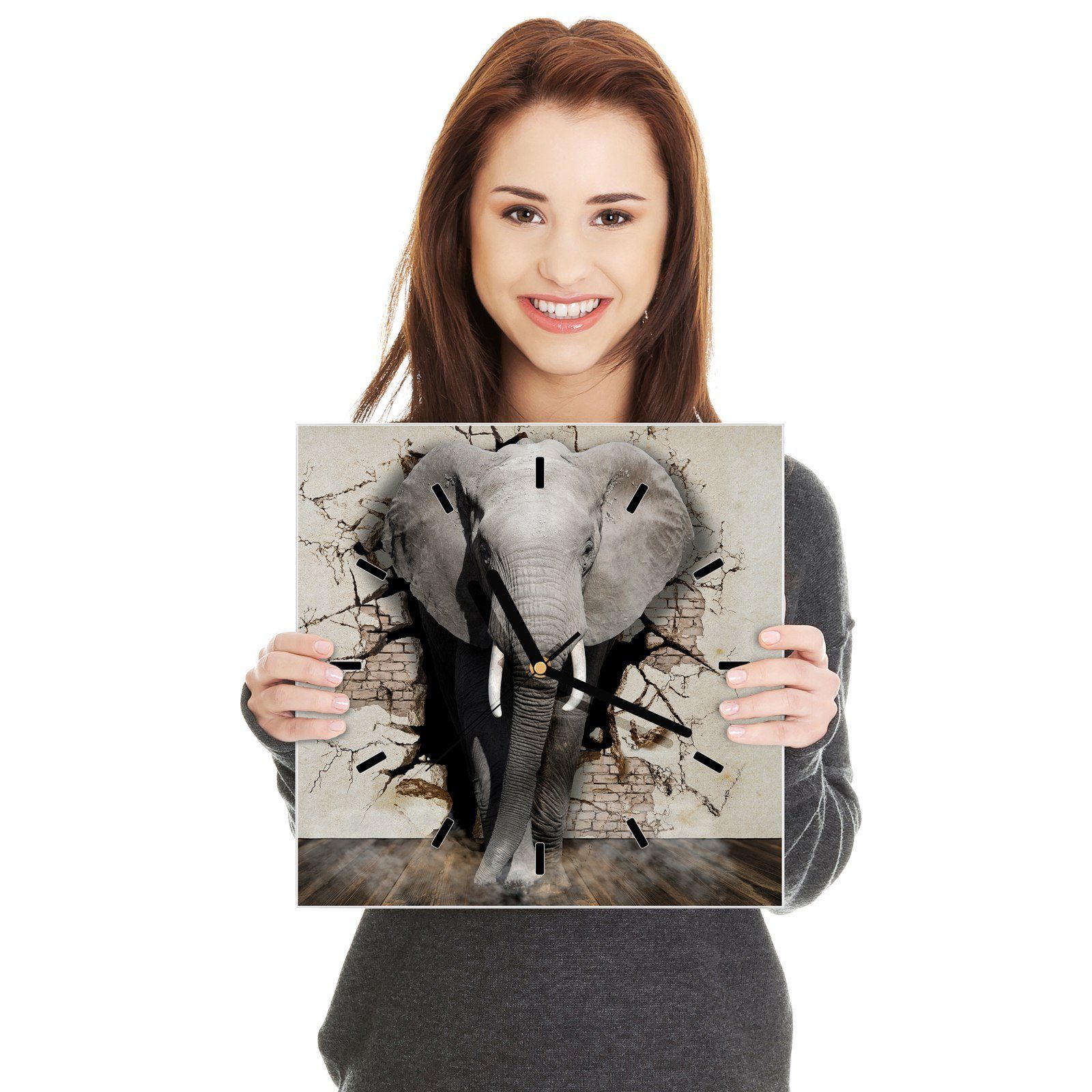 x Größe Motiv 30 30 3D cm Wanduhr mit Elefant Wandkunst Glasuhr Wanduhr Primedeco