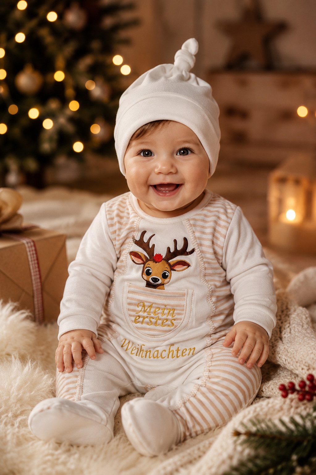 La Bortini Strampler Baby Anzug für Weihnachten Strampler Mütze Shirt in Creme mit Rentier (für Neugeborene, Erstlingsset weihnachtlich, 3-teilig) aus Baumwolle, neutral, unisex, 44 50 56 62 68 74