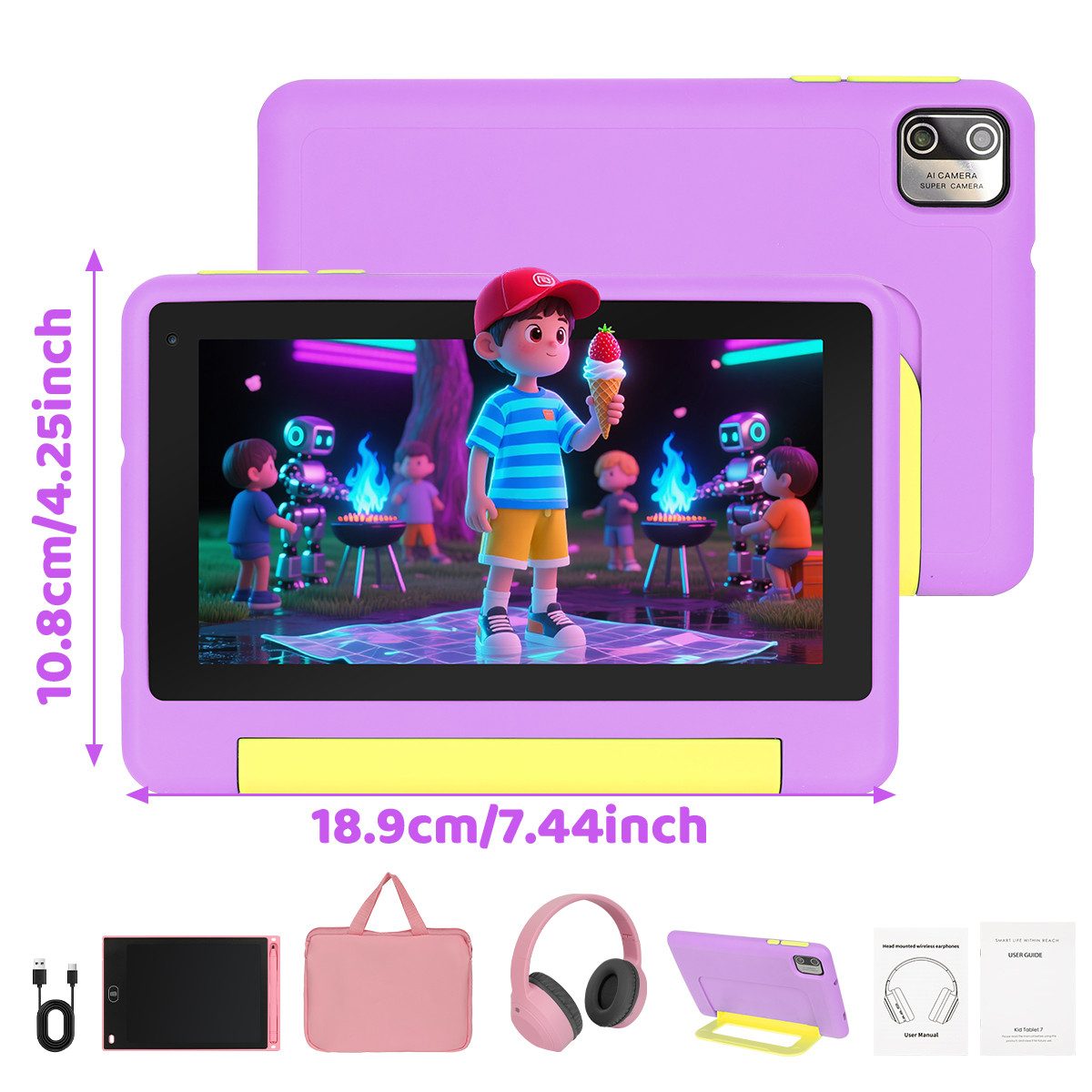 Happybe 7 Zoll 64GB HD-Display mit Schreibtafel, Kopfhörer & Tasche Kinder Tablet (7", 64 GB, Android, Android 15, Vorinstallierte Kindersoftware, Lernen durch Spielen)