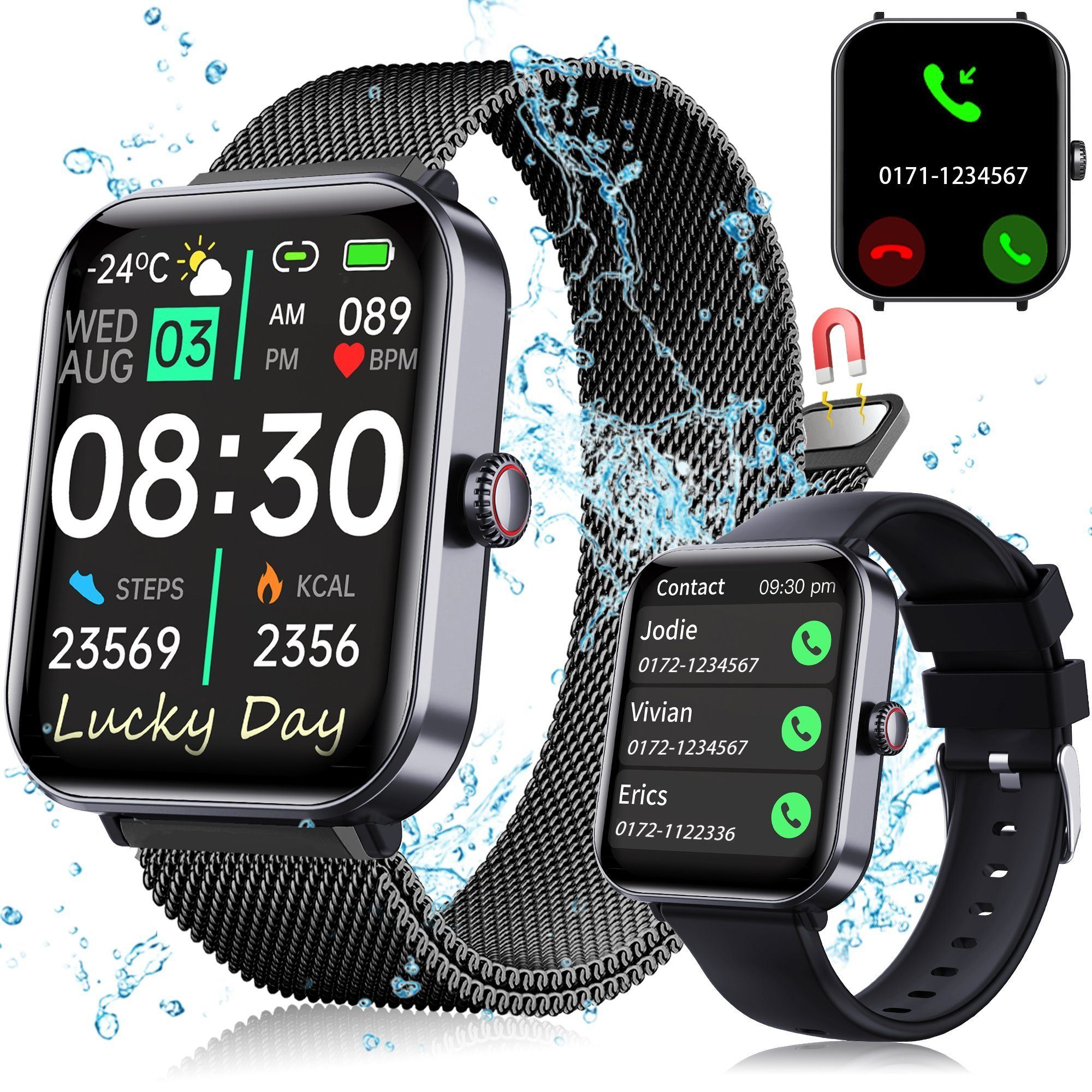 KUGI Smartwatch Damen Herren mit Telefonfunktion, 1.9" Zoll Smartwatch Touchscreen Fitnessuhr,IP67 Wasserdicht Smart Watch mit schrittzähler Pulsmesser Schlafmonitor, (Android 8 und höher)IOS(IOS13 oder höher)Zwei verschiedene Riemen schwarz02