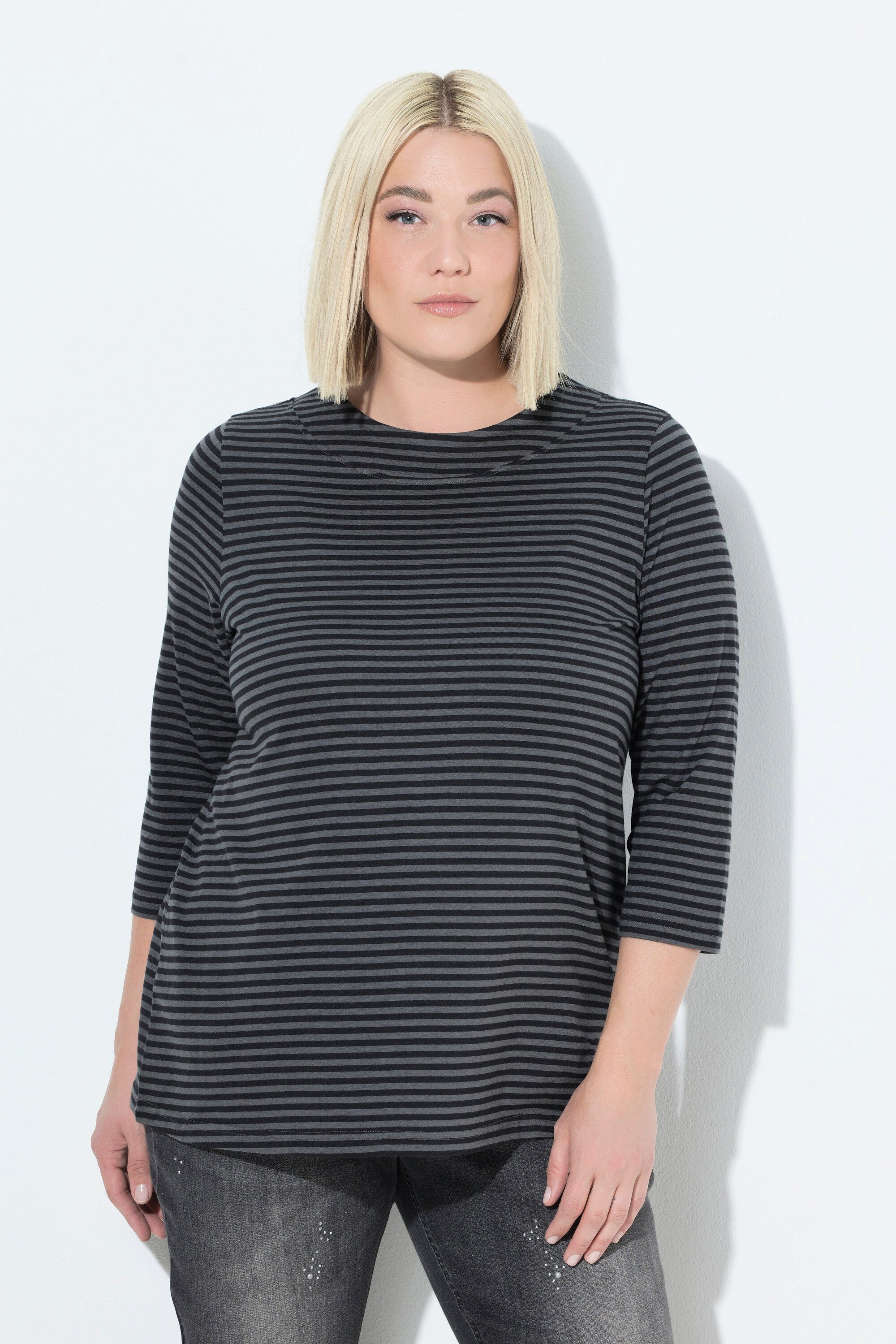 Ulla Popken Longsleeve Shirt Ringel A-Linie Stehkragen 3/4-Arm günstig online kaufen