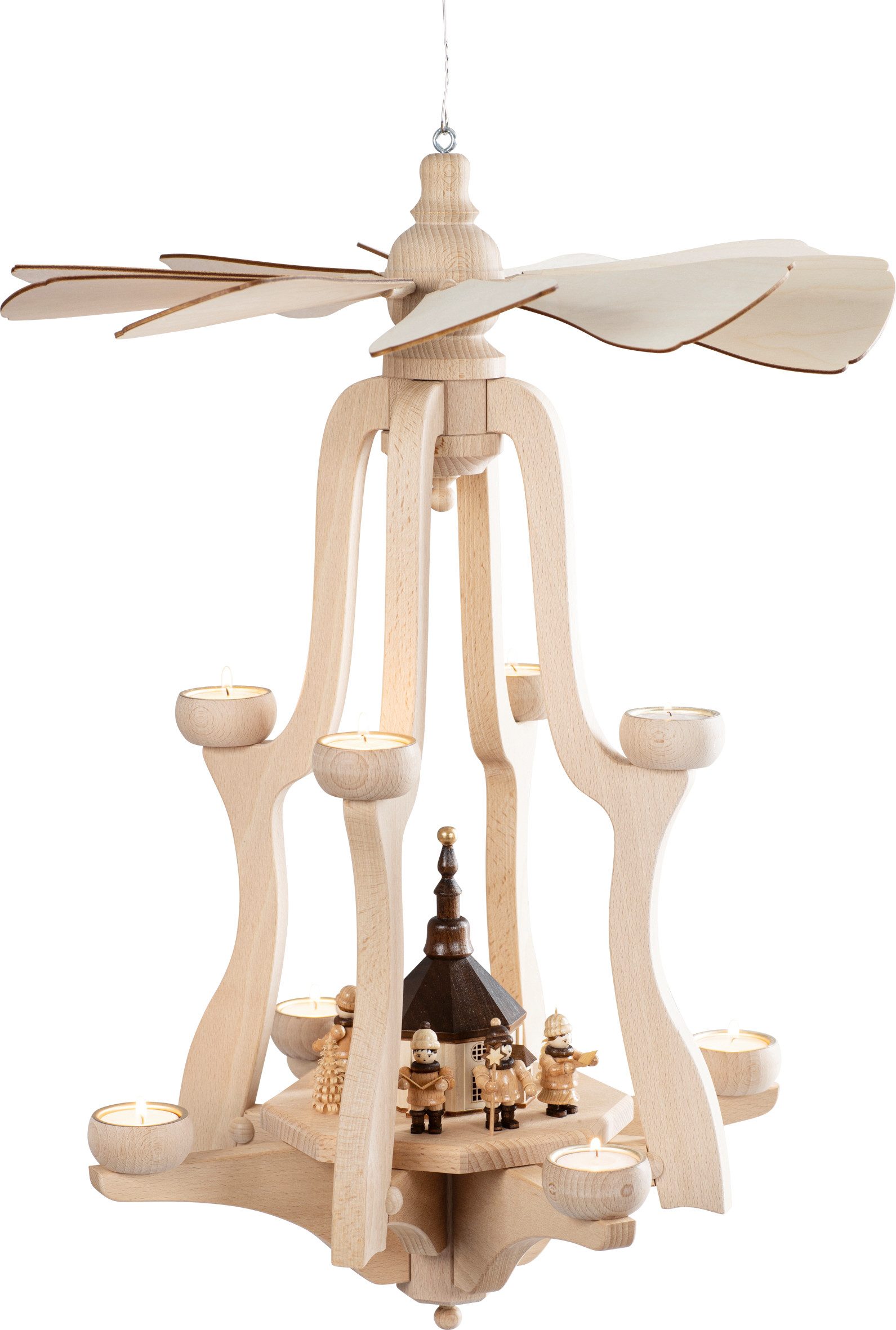 SAICO Original Weihnachtspyramide Hängepyramide, Seiffener Kirche, für 8 Teelichte, HxØ: ca. 65x46 cm, Kettenlänge ca. 30 cm