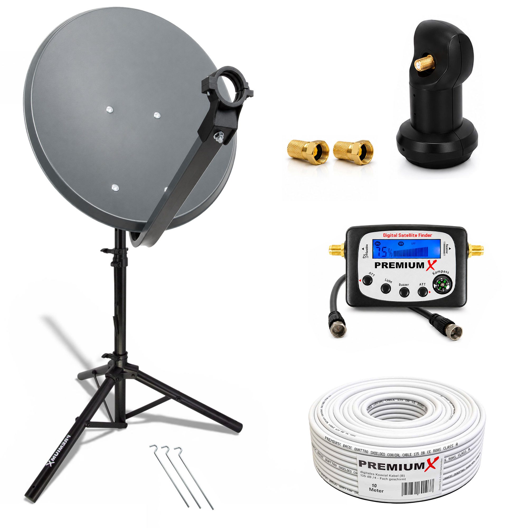 PremiumX Camping Satelliten-Komplettanlage 60cm LNB Sat-Finder Kabel Stativ SAT-Antenne