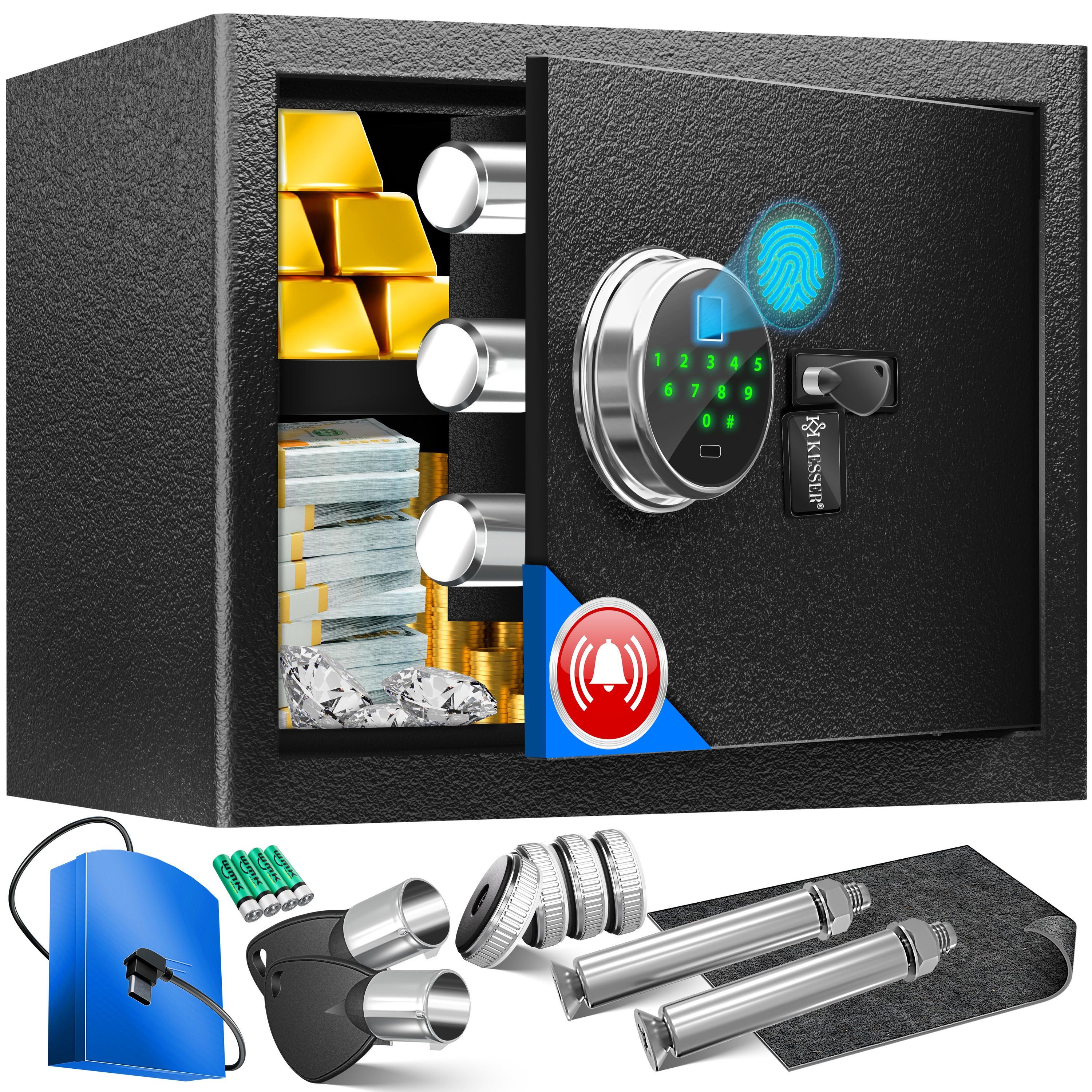 KESSER Tresor mit Fingerabdruck & Schlüssel Elektronischer Safe Möbeltresor (Wandtresor mit Ersatz-Schlüssel, Batterien, Notfall-Akku & Wandbolzen), Boden & Wandmontage 3x Doppelbolzenverriegelung & Zahlenschloss
