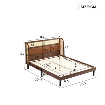 IDEASY Holzbett Rattan-Doppelbett, 160 x 200 cm, Mittelstange, gebogenes Kopfteil, Bodenfreiheit 20,5 cm, maximale Belastbarkeit 200 kg