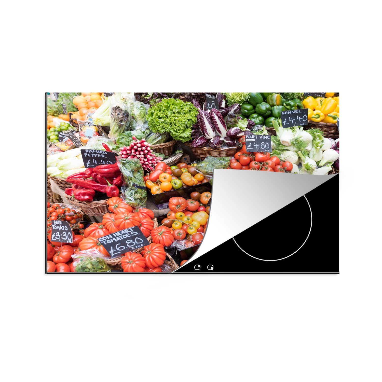 MuchoWow Herdblende-/Abdeckplatte Markt - Obstkisten - Gemüse, Vinyl, (1 tlg), 81x52 cm, Induktionskochfeld Schutz für die küche, Ceranfeldabdeckung