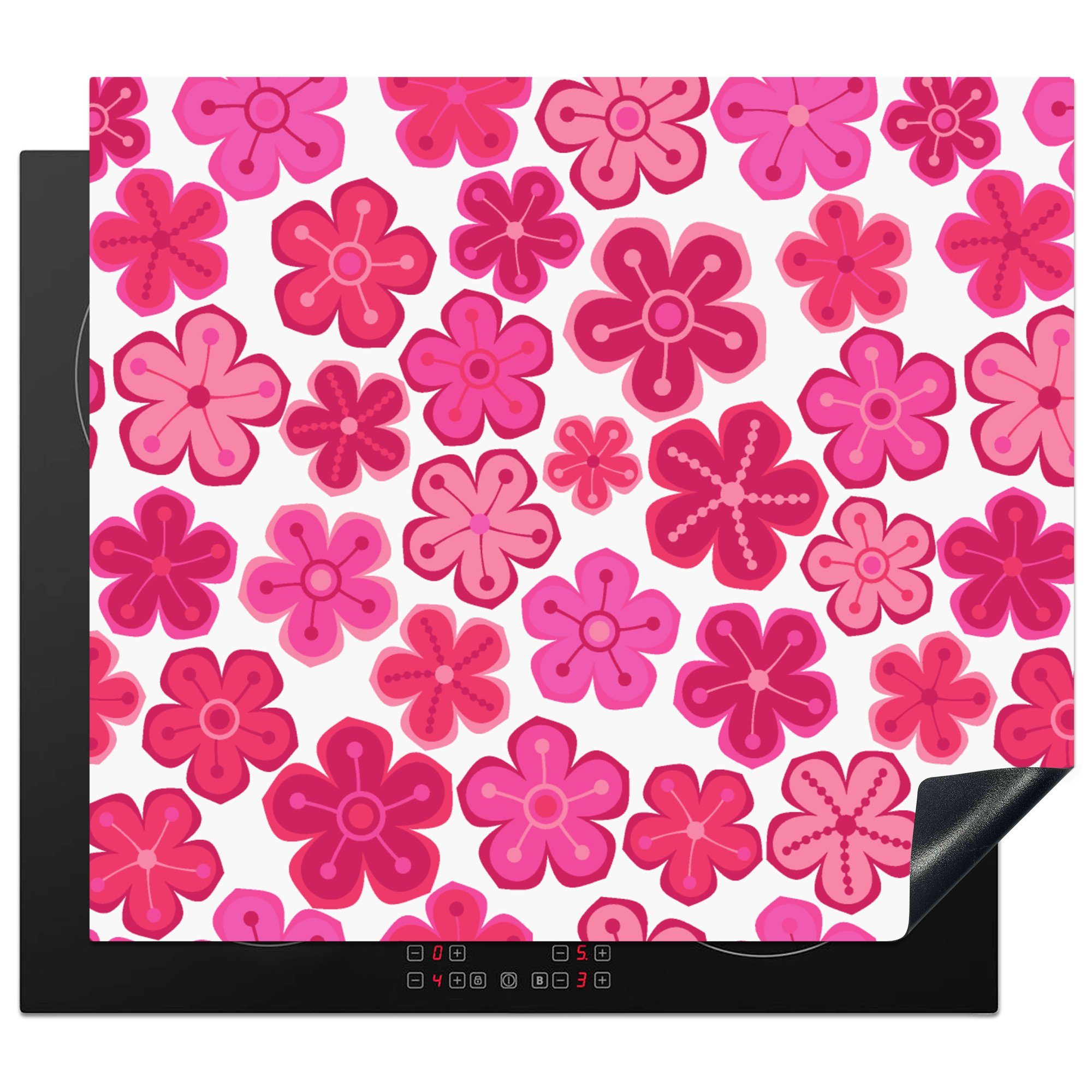 MuchoWow Herdblende-/Abdeckplatte Blumen Vinyl, tlg), 60x52 Ceranfeldabdeckung Rosa Muster, - cm, Arbeitsfläche Mobile (1 nutzbar, 