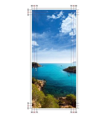 Wallario Duschrückwand Ibiza - Blick von einer Bucht aufs Meer, (1-tlg)