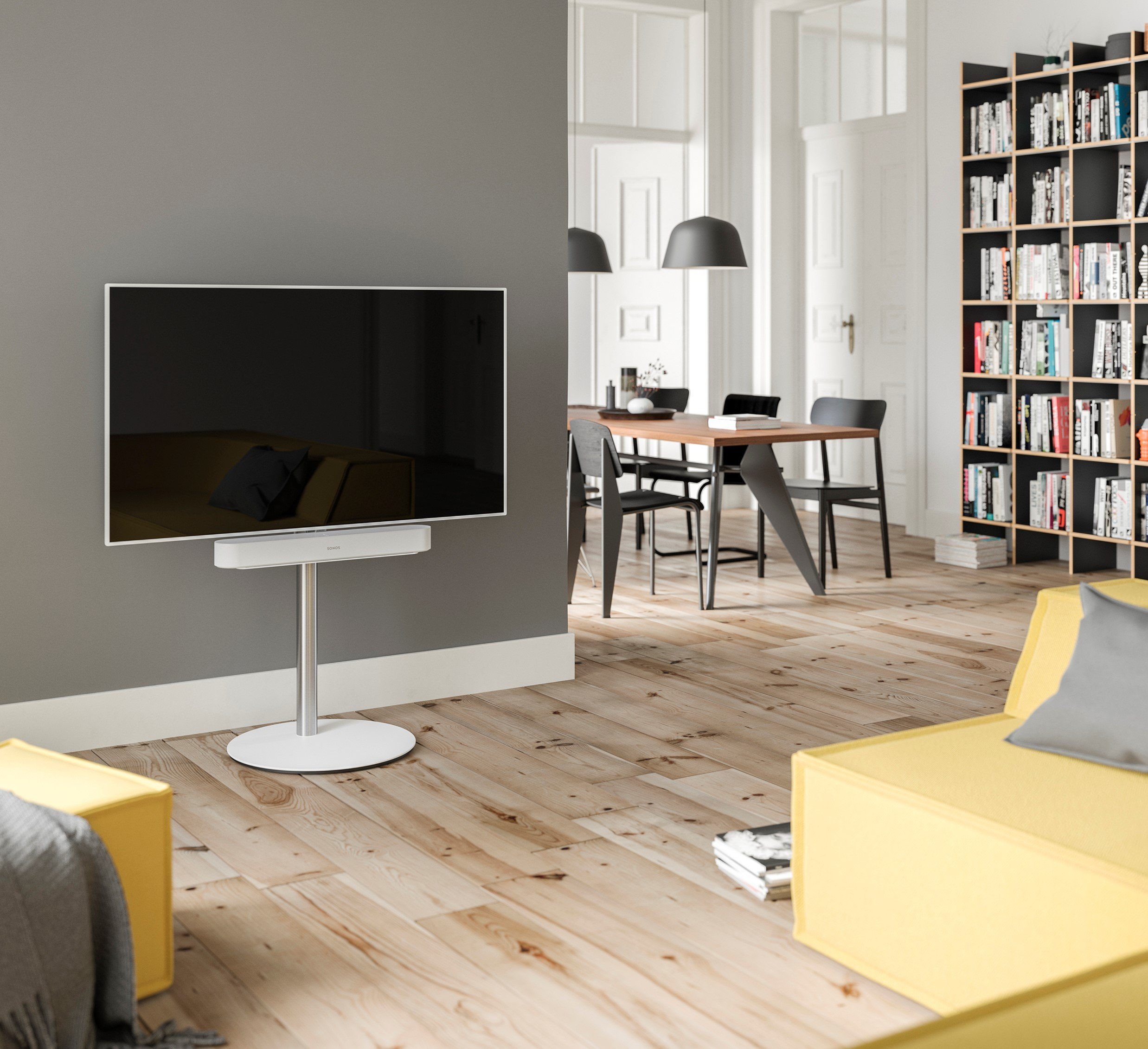 SPECTRAL Circle ist ein moderner wie auch edel anmutender TV-Stand mit drehbarer und höhenverstellbarer TV-Halterung. Stabile Sockelplatte aus Stahl mit satinierter Glasauflage. TV-Ständer, (für Bildschirme von 32'' bis 65) Snow | TV-Standfüße