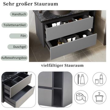 IDEASY Waschbeckenunterschrank Hängender Waschbeckenunterschrank, 80 cm breit, schwarz und grau, Marmorplatte, leicht zu reinigen, schmutzabweisend