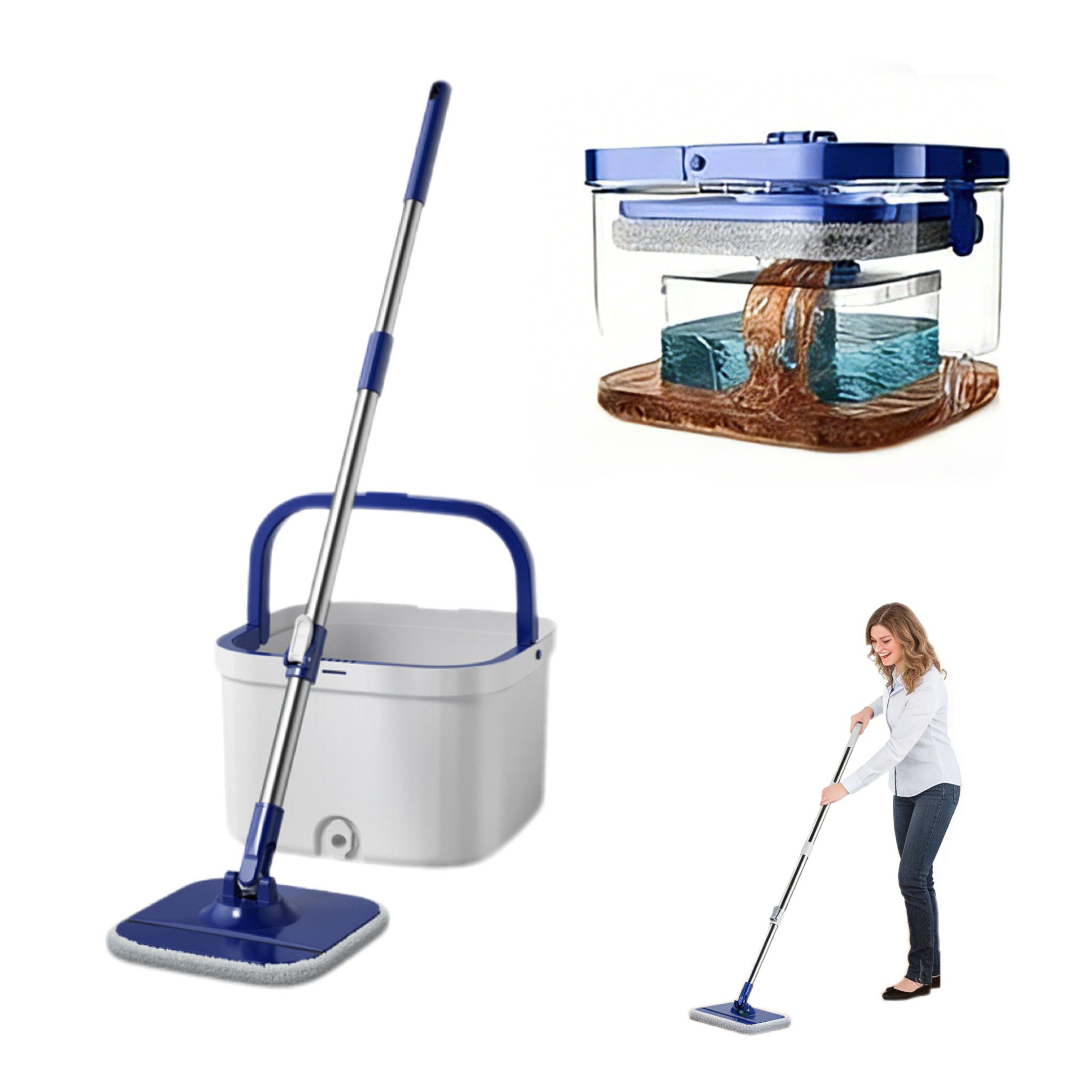 HEYHIPPO Wischmopp-Set Rotationsmopp-Set mit 2-Kammer-Eimer &6 Mikrofaserpads,Stiel 109–130cm, (Spin Mop Set mit Eimer, Faltbarer Quadrat-Mopp, handfrei, für schwer erreichbare Ecken), Spin-Mopp mit Schmutz- & Klarwassertrennung – inkl. Teleskopstiel