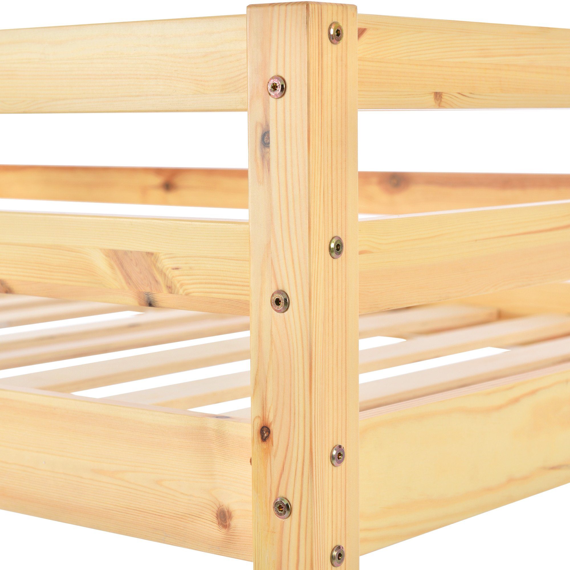 Etagenbett (Hochbett 90x200 cm mit Lattenrost und Rausfallschutz), Kinderbett mit Leiter, Zäune und Tür, aus massivem Kiefernholz