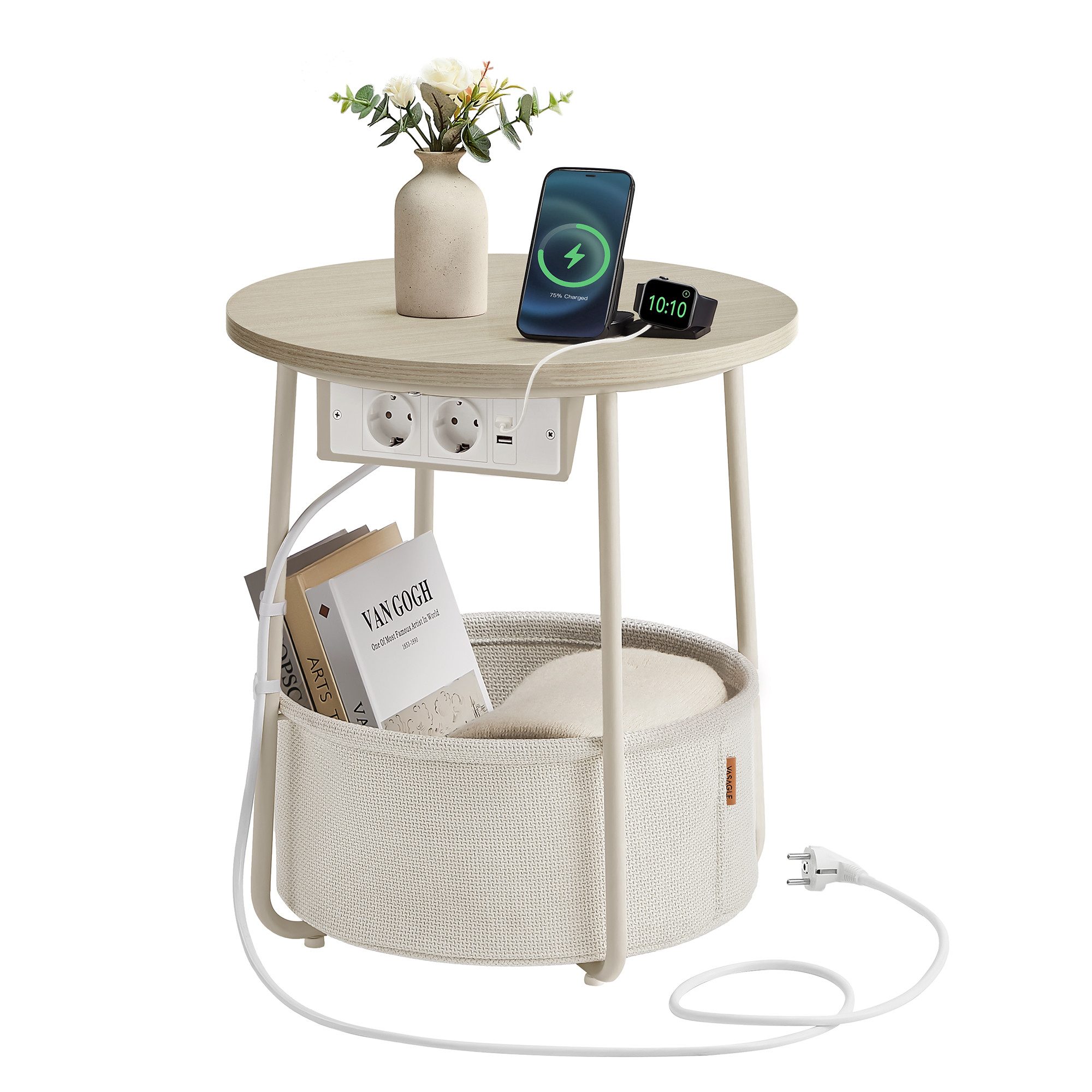 VASAGLE Beistelltisch, rund, mit Steckdose, USB-Anschlüsse, mit Korb aus St günstig online kaufen