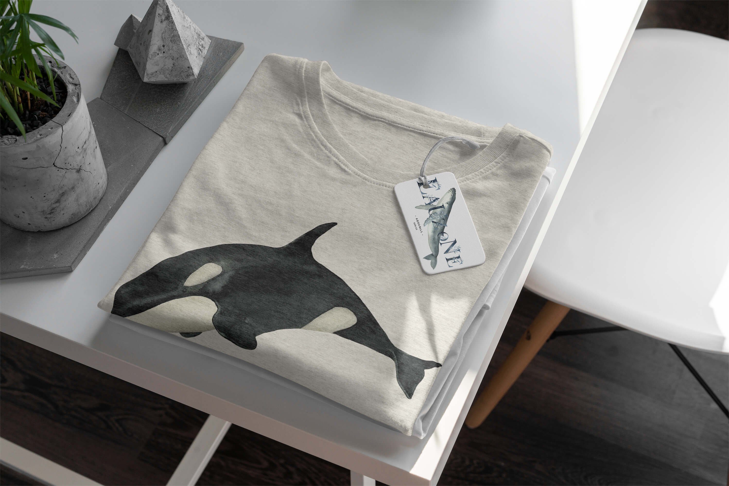 T-Shirt Bio-Baumwolle Motiv (1-tlg) Herren Art Nachhaltig T-Shirt Orca Ökomo 100% gekämmte Sinus Killerwal Wasserfarben Shirt