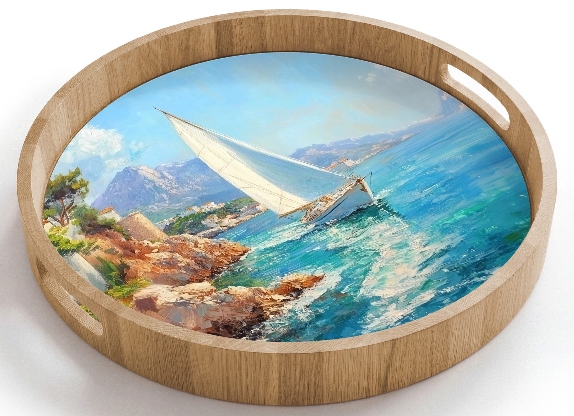 OnlyWow Tablett Rund mit Henkel Segelboot - Felsen - Küste - Häuser, Eichenholz, (1-tlg), Siervierplatte, Tray, Frühstücksbrett
