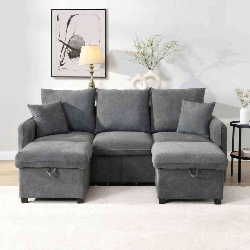 BBWL Sofa Multifunktionales Ecksofa U-Form Dreisitzer mit Staufunktion, Chenille-Bezug, modularem Hocker und Schubladen