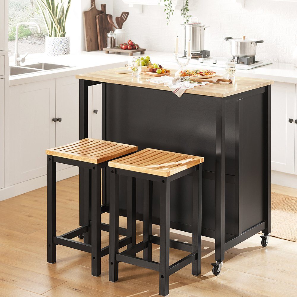Sideboard Küchenschrank Ablagen mit schwarz-natur und FKW74, Kücheninsel 2 Schubladen Küchenwagen SoBuy