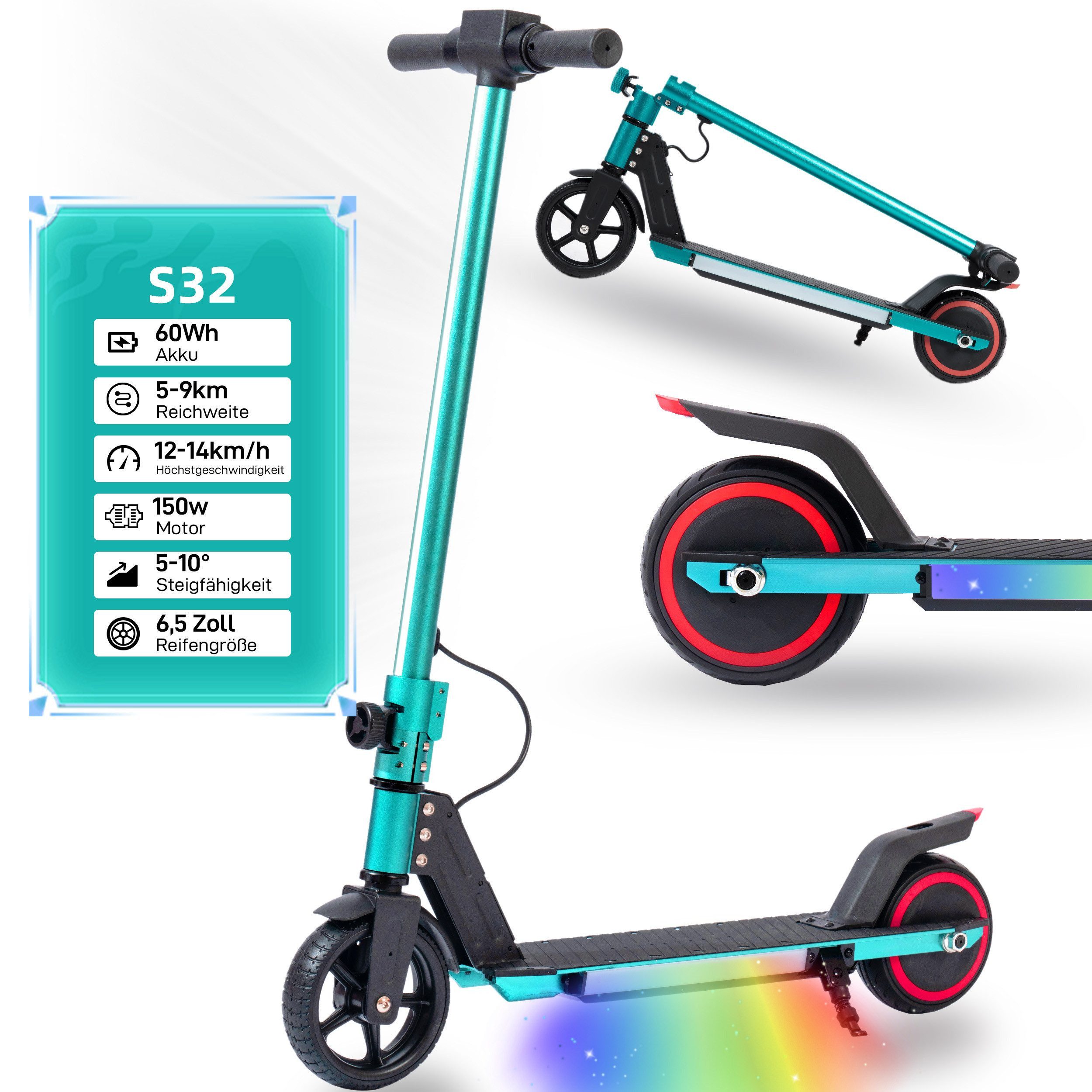 Vankel Elektro-Kinderroller E Scooter Kinder, ab 6 Jahren, 14km/h, Bunte LED-Lichter, Belastbarkeit 50 kg, Bunte LEDs & Lenksäulenlicht, EBS + Fußbremse, klappbar